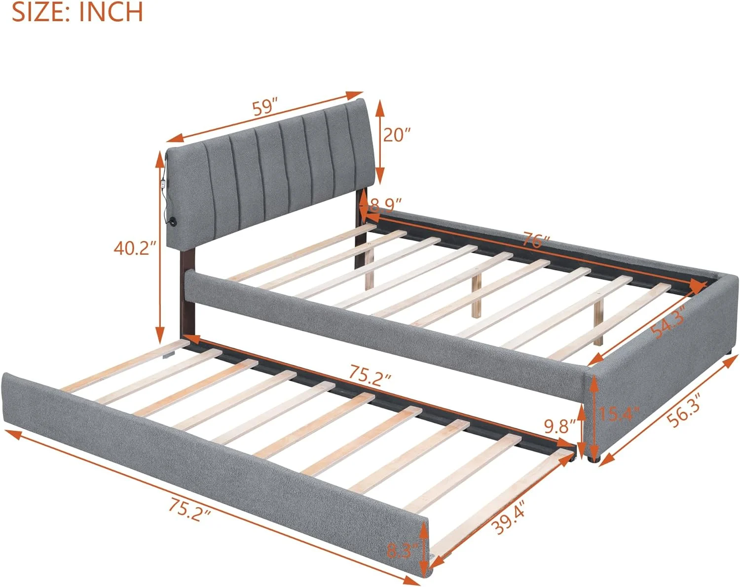 Teddy Fleece Full Size Upholstered Platform Bed with Trundle, Wood Bed Frame with Upholstered Headboard, LED Bed Frame for Bedroom, No Box Spring Needed, Easy Assembly - Curated Treasures Market