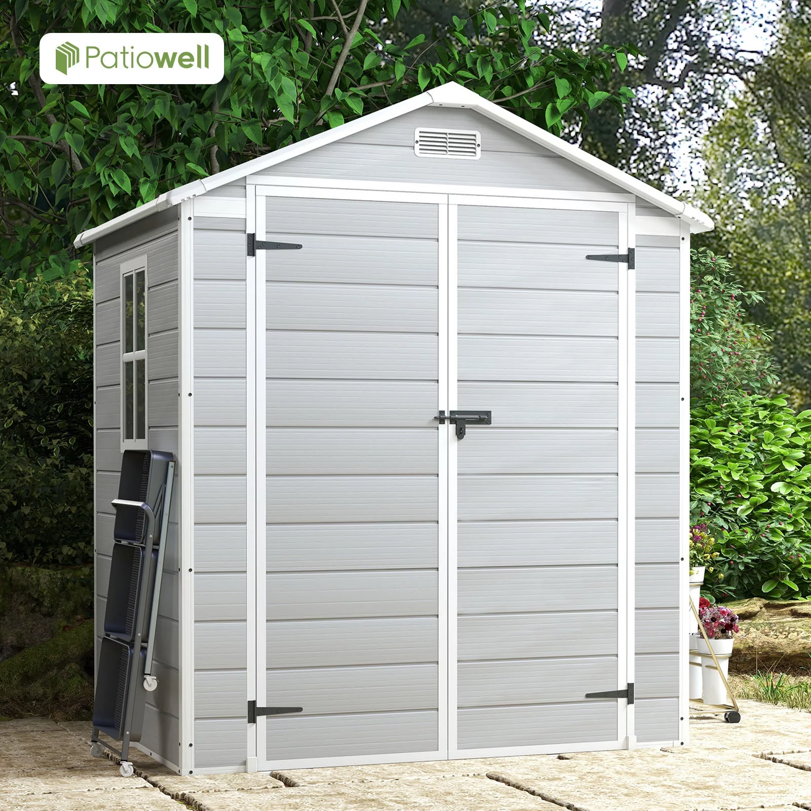 Patiowell 6x4 Resin Outdoor Storage Shed-Perfect to Store Patio Furniture, GardenTools Bike Accessories, Beach Chairs and Lawn Mower, Grey & White - Curated Treasures Market