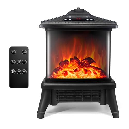 Portable Small Electric Fireplace Heater 3-Color Flame 900W Freestanding Space Heater Mini Electric Stove Heater 59-90℉ Thermostat 12h-Timer Remote Control Overheat&Tip-over Protect
