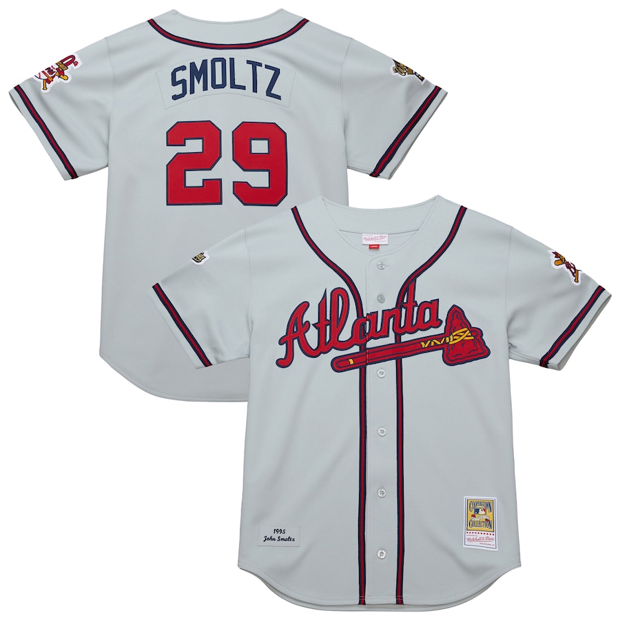 Men's Atlanta Braves John Smoltz Mitchell & Ness Gray 1995 Throwback Authentic Jersey