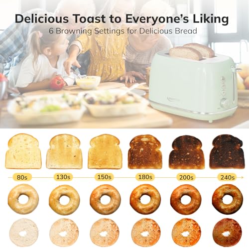 2 Slice Toaster Retro Stainless Steel Toaster with Bagel, Cancel, Defrost Function and 6 Bread Shade Settings Bread Toaster, Extra Wide Slot and Removable Crumb Tray