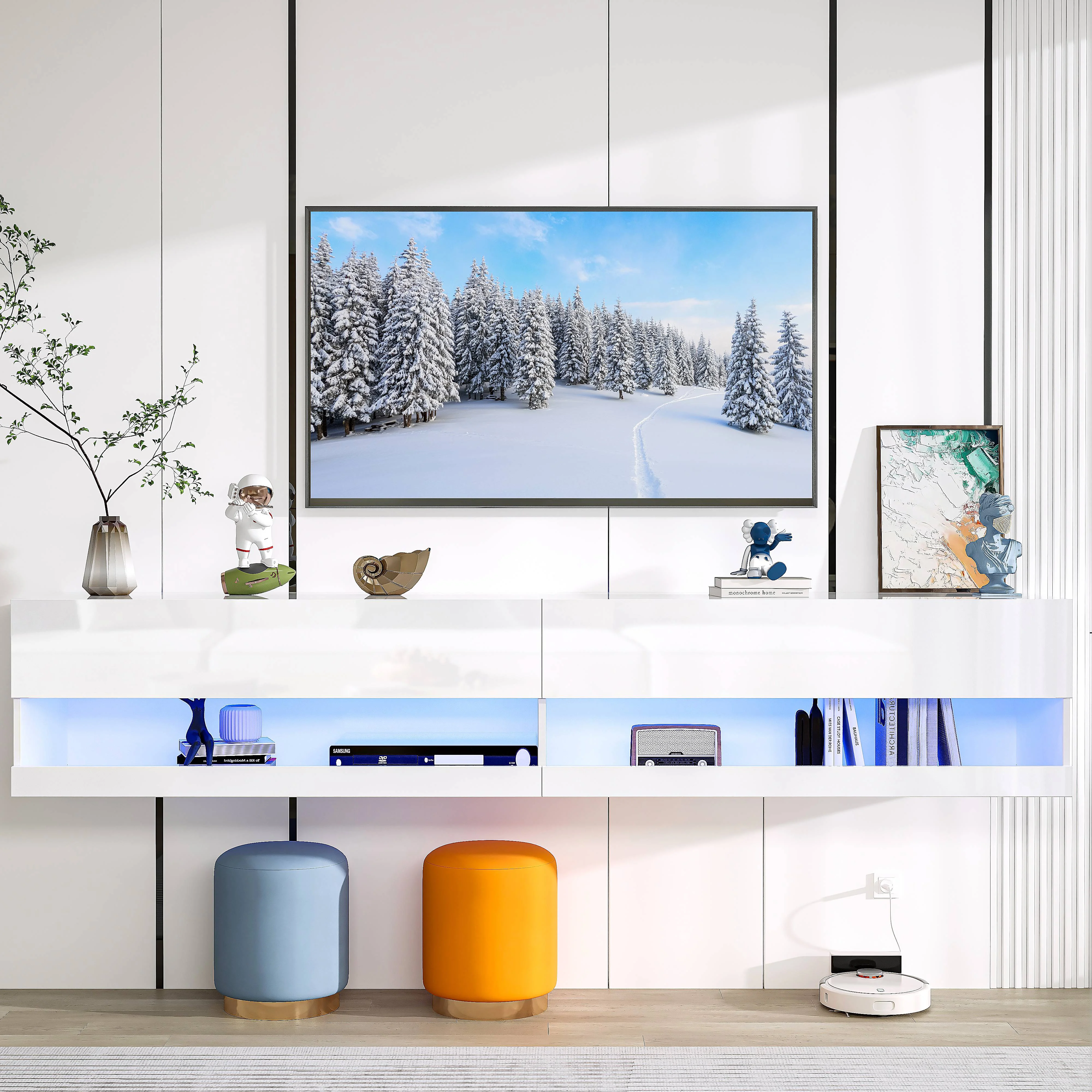 Floating TV Stand for 80 inch TVs, Paproos 71in Long LED Floating TV Cabinet, High Gloss Floating Entertainment Center with APP/Remote Control, Media Console Cabinet Living Room, White - Curated Treasures Market