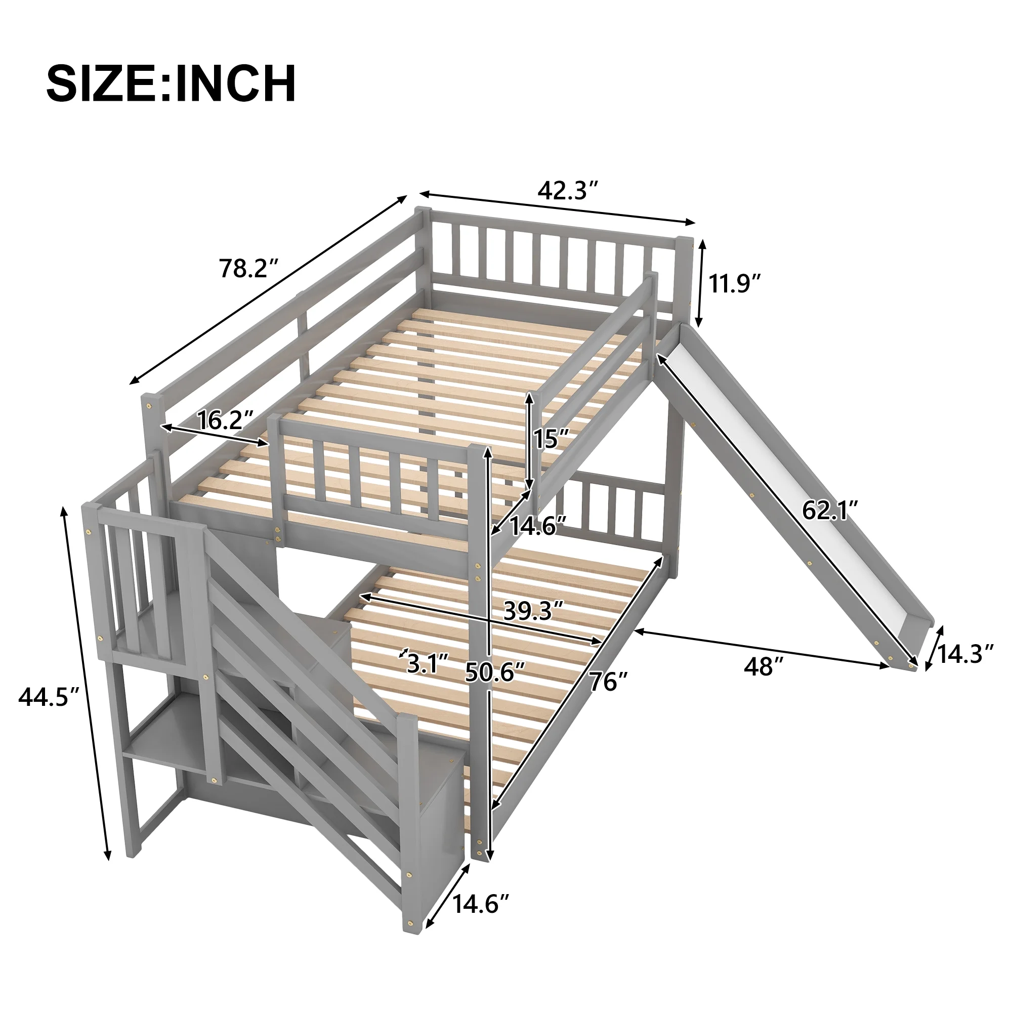 Livspace Twin over Twin Bunk Bed with Convertible Slide and Stairway Gray - Curated Treasures Market