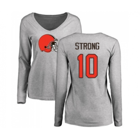 Football Women's Cleveland Browns #10 Jaelen Strong Ash Name & Number Logo Long Sleeve T-Shirt