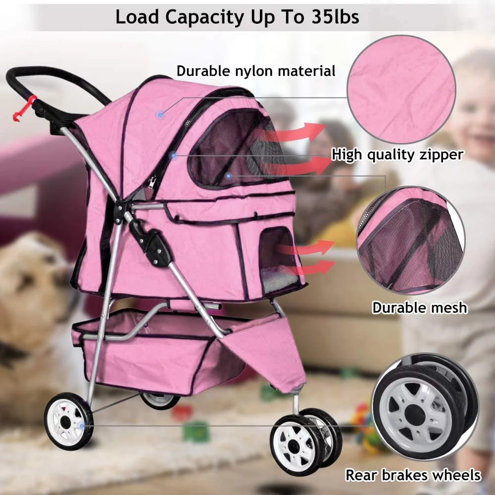 3 Wheel Dog Stroller Folding Pet Stroller Travel Dog Carriers for Small Dogs with Free Pad & Cup Holder, Pink - Curated Treasures Market