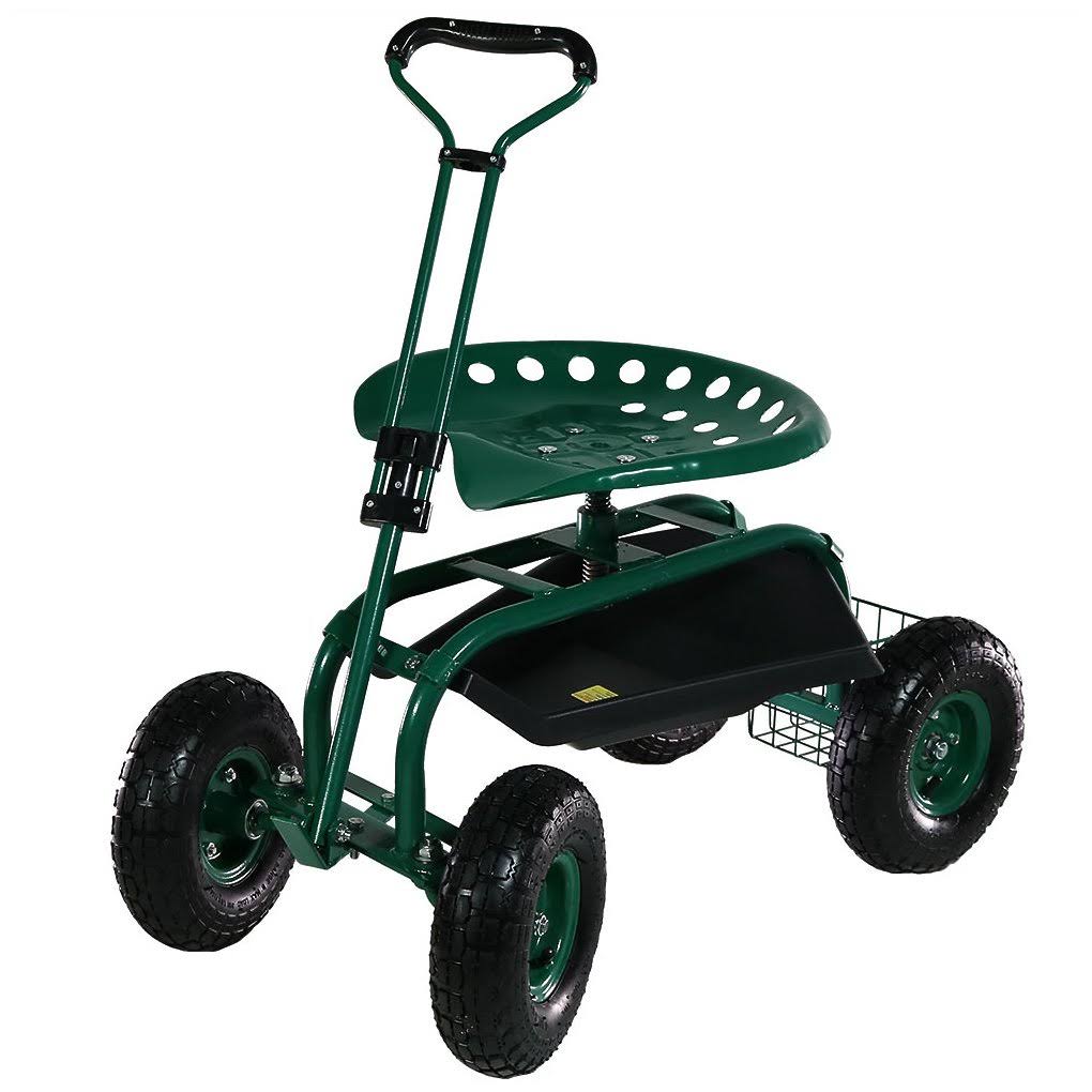 Sunnydaze Green Rolling Garden Cart with Extendable Steering Handle, Swivel Seat u0026 Basket