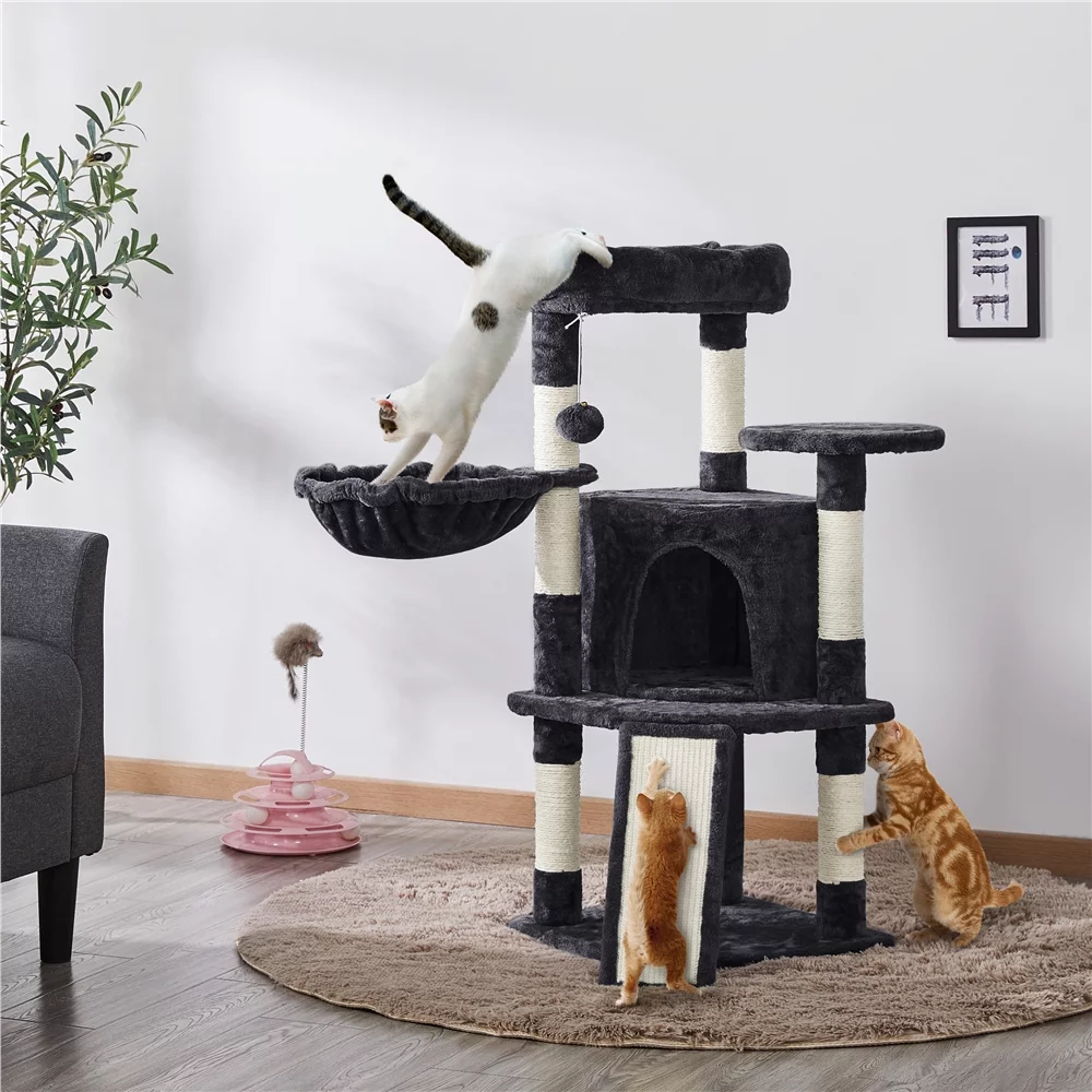 Easyfashion Professional Cat Tree Plush Tower with Basket for Small Kittens, Indoor, Black - Curated Treasures Market