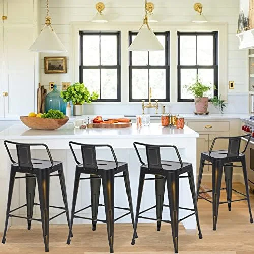 HBBOOMLIFE Changjie  Metal  Stools Set of 4 Distressed Industrial Counter  Stool with Backs Bistro Cafe Barstools(26 inch  Distressed White) - Curated Treasures Market