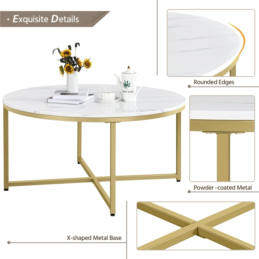 Topeakmart Modern Round Faux Marble Coffee Table with Sturdy Metal Legs, Gold - Curated Treasures Market