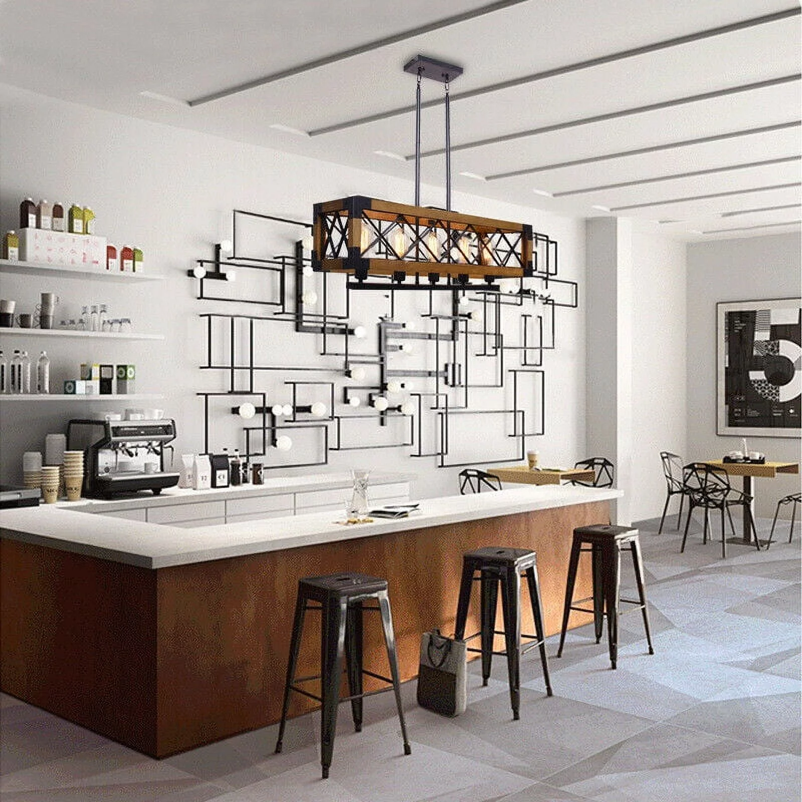 ZhdnBhnos 5-Lights Retro Farmhouse Chandelier Kitchen Island Pendant Light Fixture Wooden Rectangle Hanging Ceiling Lamp