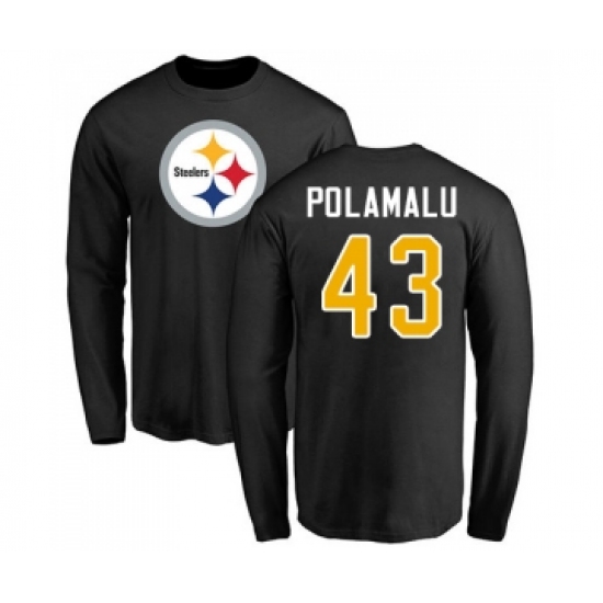 Football Pittsburgh Steelers #43 Troy Polamalu Black Name & Number Logo Long Sleeve T-Shirt