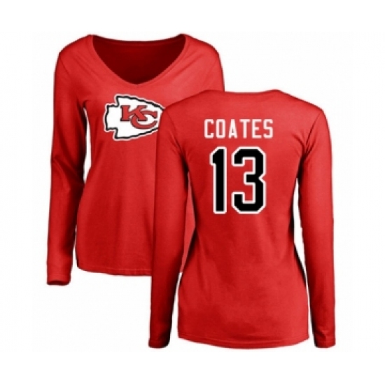 Football Women's Kansas City Chiefs #13 Sammie Coates Red Name & Number Logo Slim Fit Long Sleeve T-Shirt
