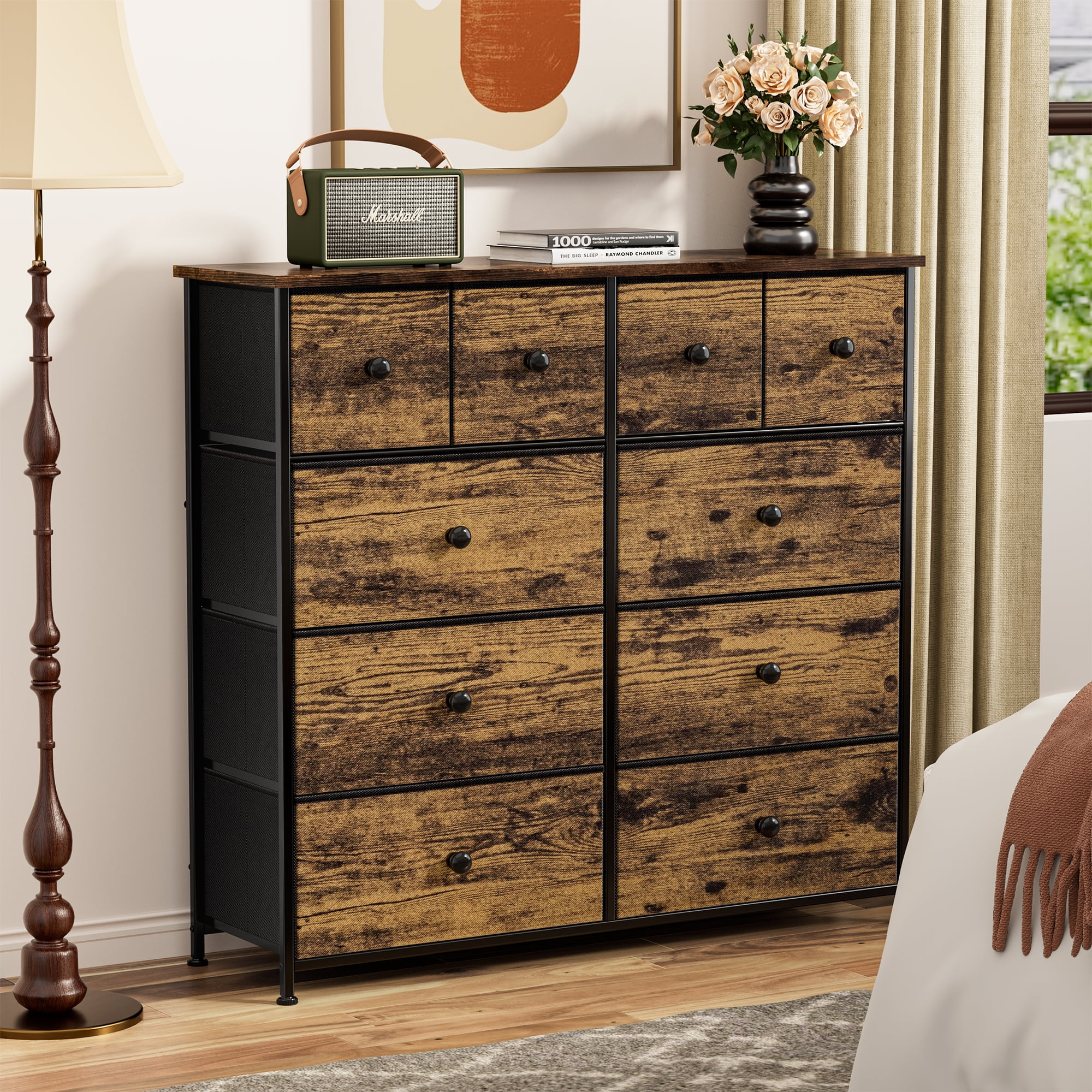 GUNAITO 10 Drawers Dressers Fabric Dressers for Bedroom Chest of Drawers with Wood Top Rustic Brown