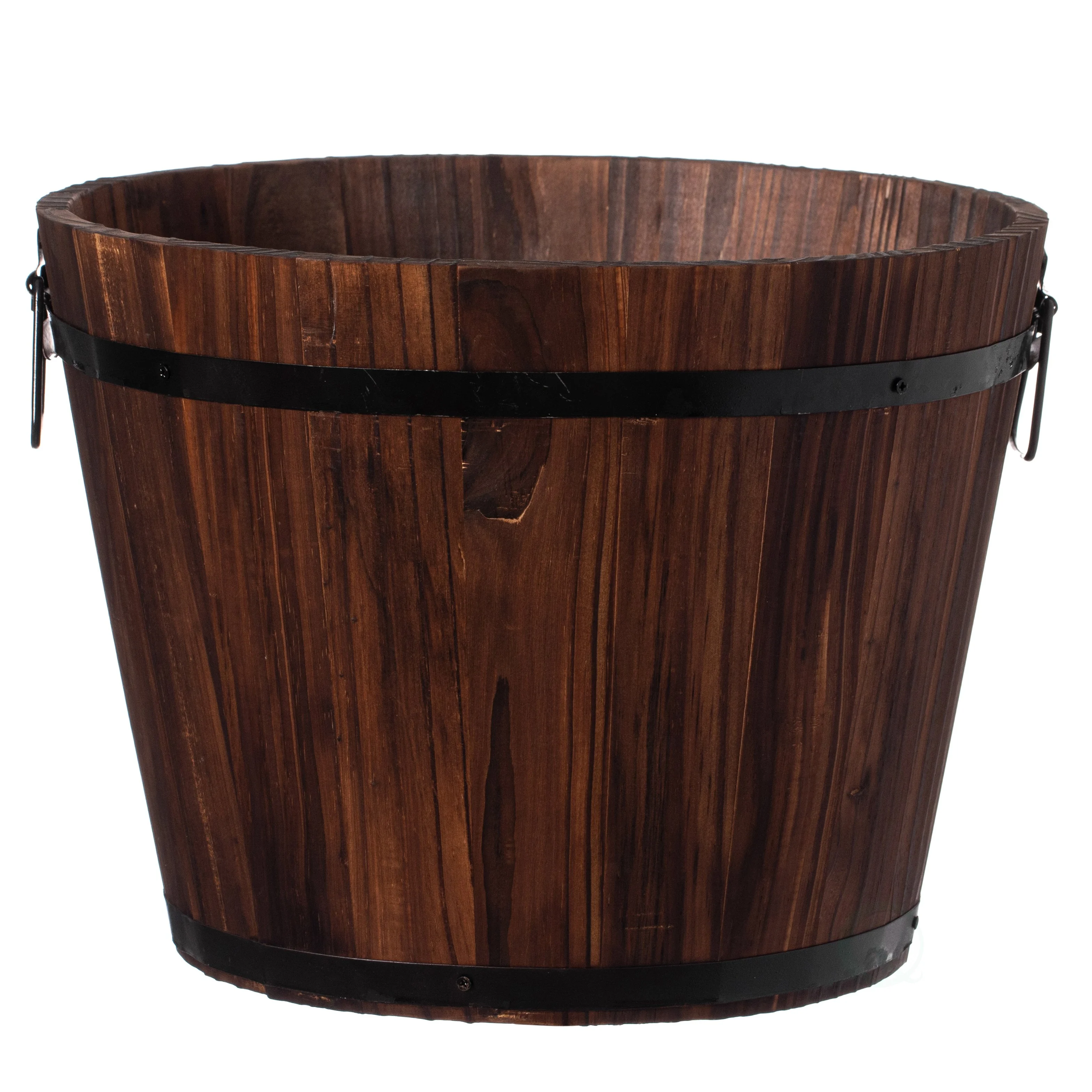 Rustic Wooden Whiskey Barrel Planter with Durable Medal Handles and Drainage Holes - Perfect for Indoor and Outdoor Use - Curated Treasures Market