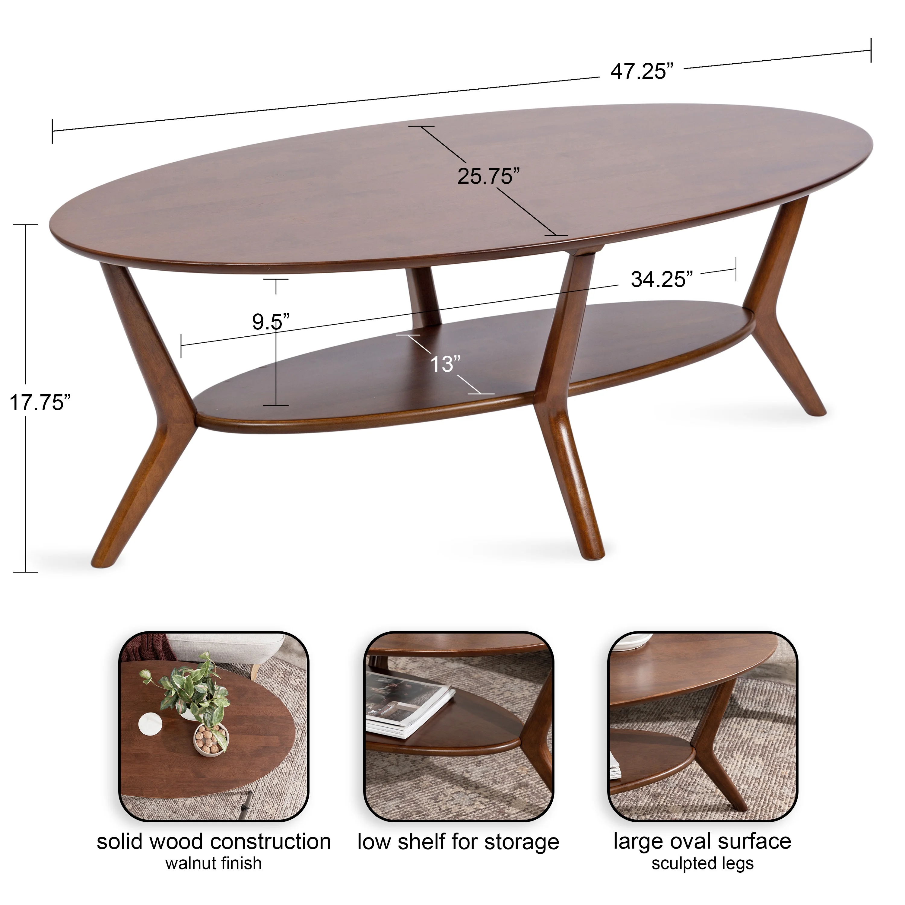 Kate and Laurel Nylah Oval Wooden Coffee Table, 48 x 26 x 18, Walnut Brown, Mid-Century Tiered Living Room Table with Solid Wood Construction and Sculptured Dowel Legs - Curated Treasures Market