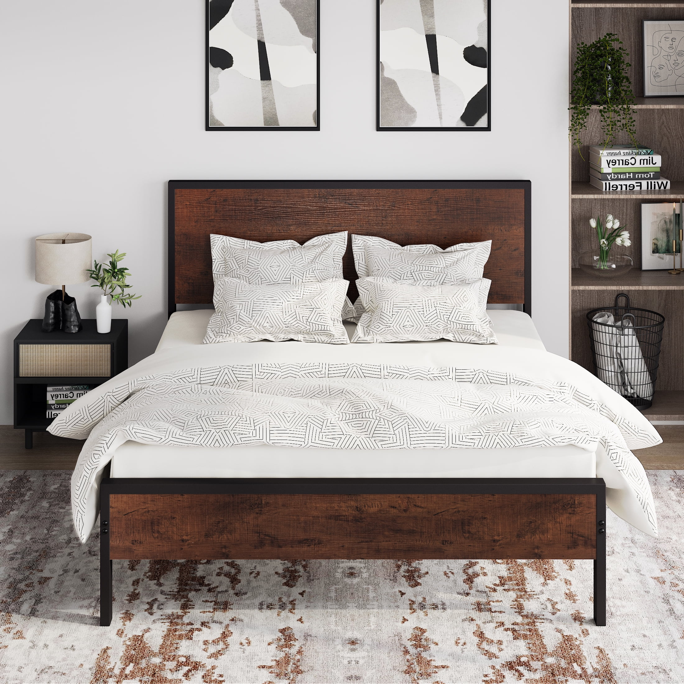 Allewie Queen Size Heavy Duty Bed Frame with Black Oak Headboard, Engineered Wood, 12'' Under Bed Storage