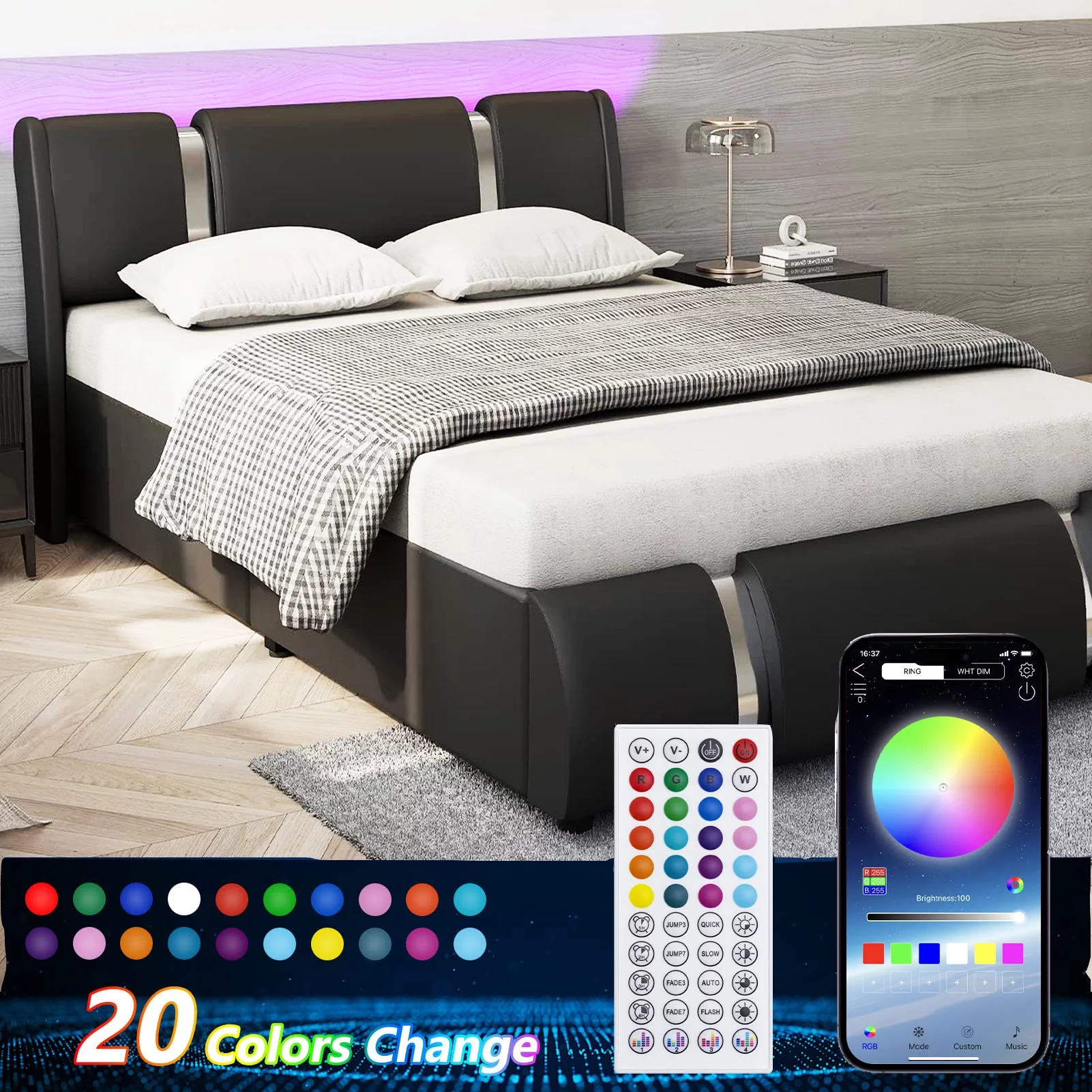 Faux Leather Bed Frame With LED Light & Adjustable Headboard, Full Size Modern Upholstered Platform Bed, Wooden Slats Bed Mattress Foundation(White-Full)