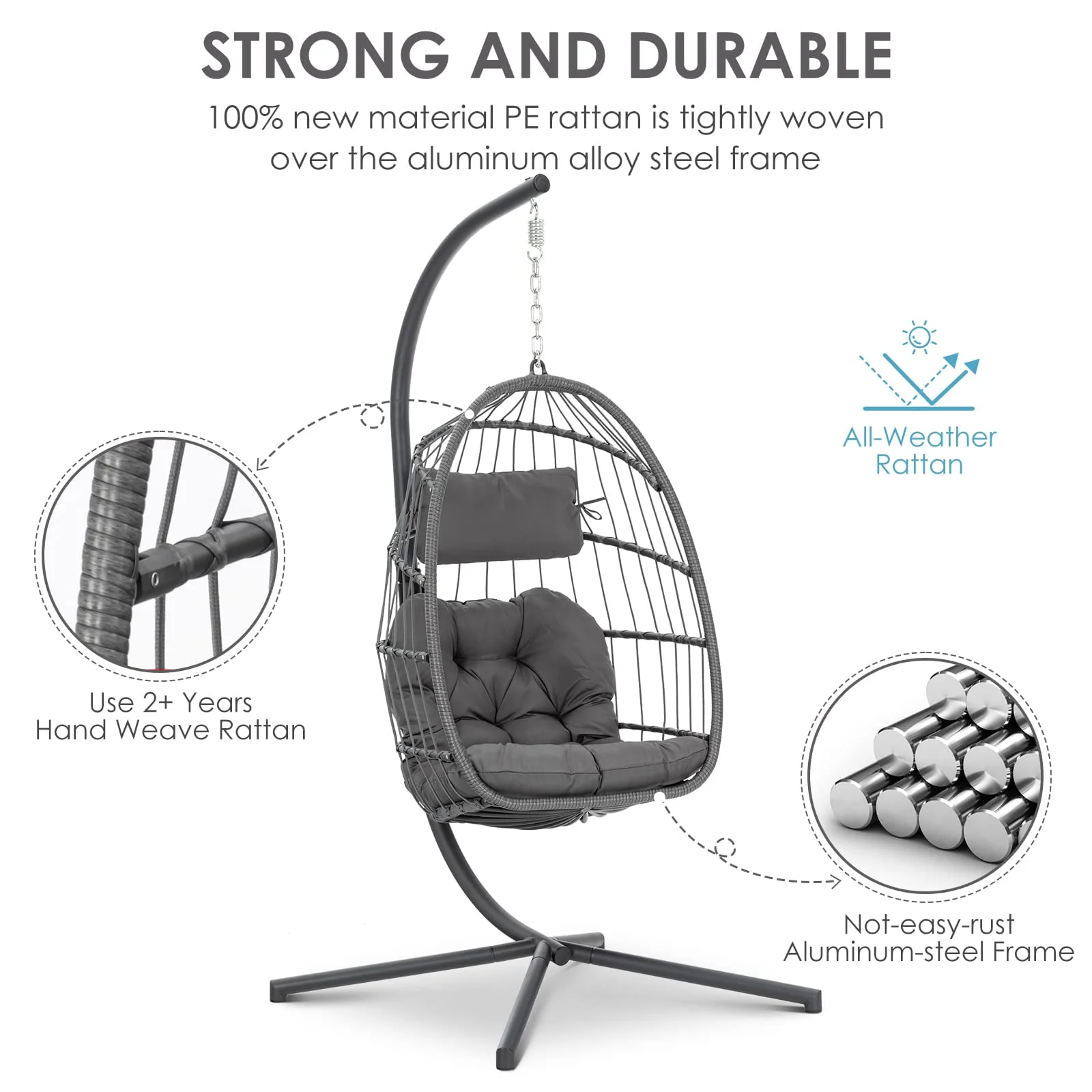 Hanging Egg Chair with Steel Stand and Fluffy Cushion, Lounge Wicker Iron Swing Chairs for Indoor Outdoor Patio Garden