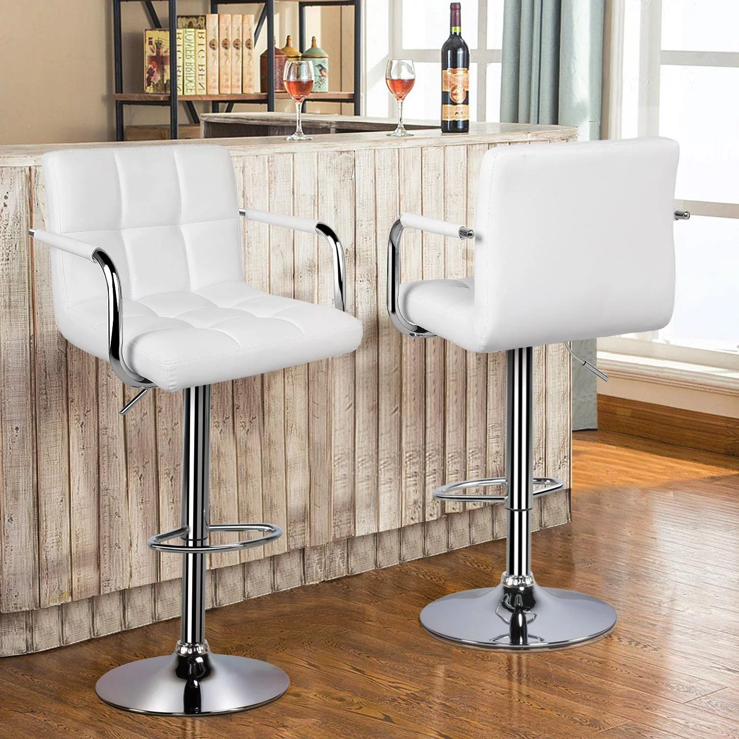U-SHARE Tall Bar Stools Set of 2 Modern Square PU Leather Adjustable BarStools Counter Height Stools with Arms and Back Bar Chairs 360 Swivel Stool White - Curated Treasures Market