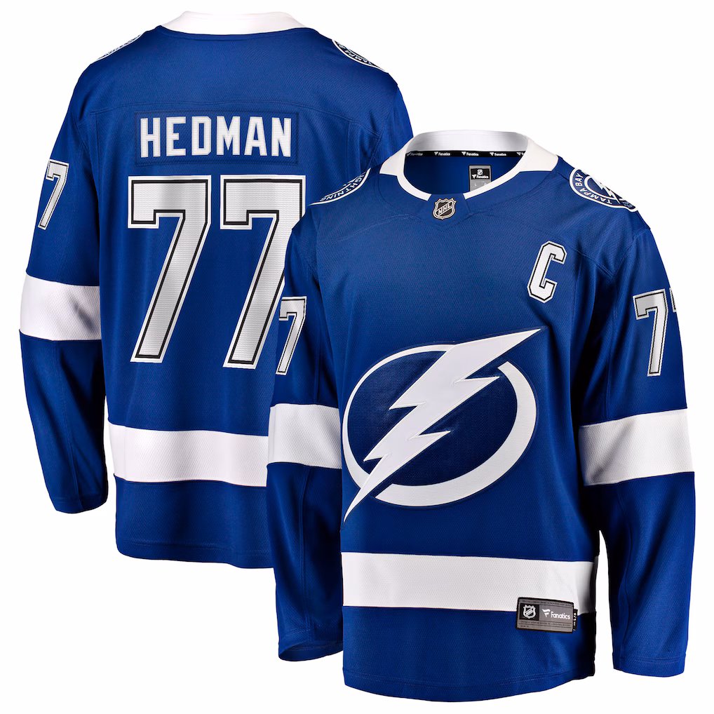 Men's Tampa Bay Lightning Victor Hedman Fanatics Blue Home Captain Patch Breakaway Jersey