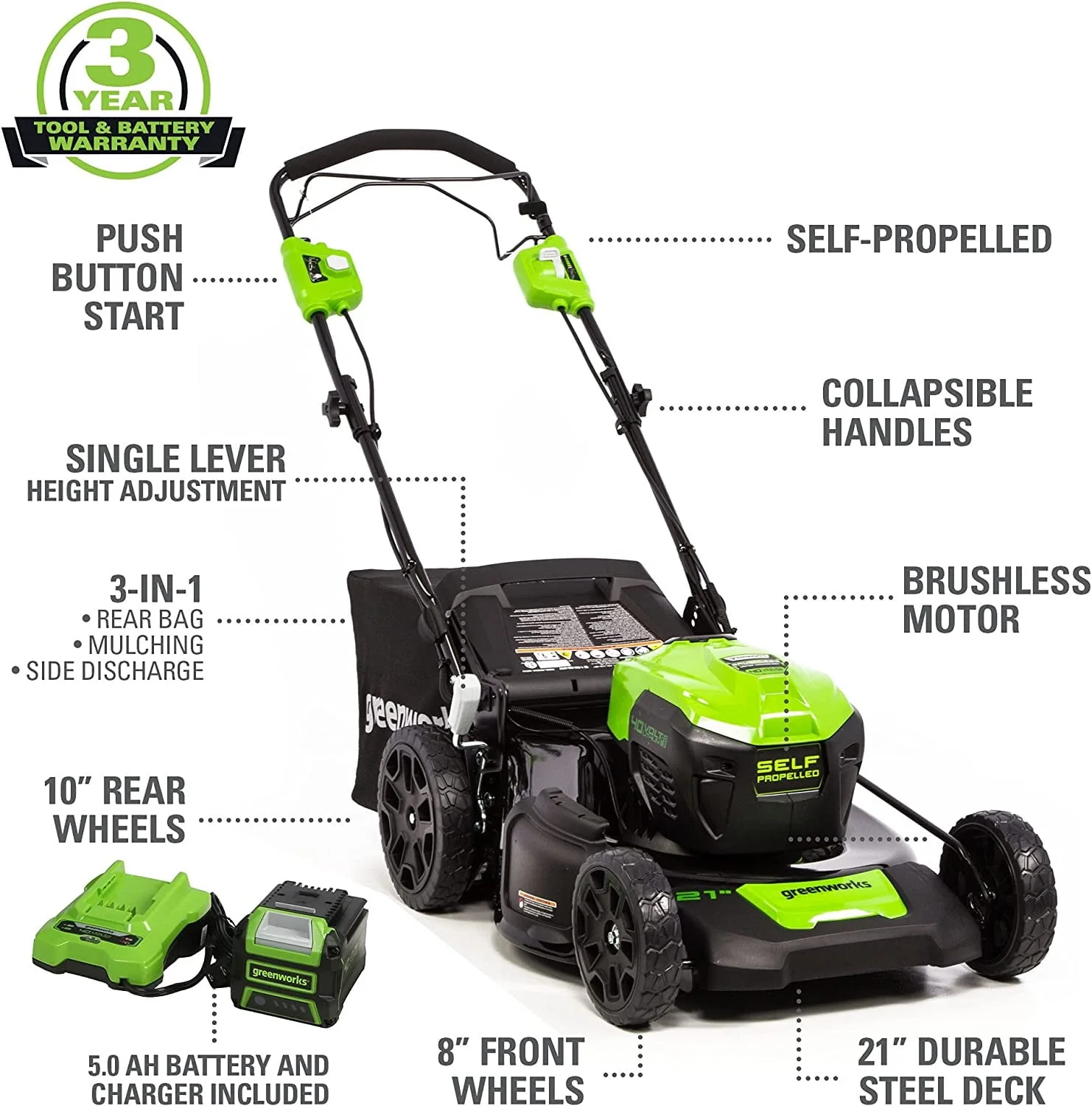 Greenworks 21 40V Self-Propelled Lawn Mower with 5.0 Ah Battery & Charger 2516402