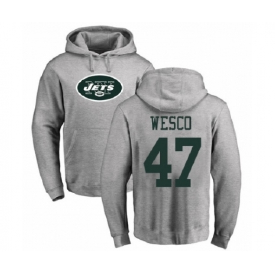 Football New York Jets #47 Trevon Wesco Ash Name & Number Logo Pullover Hoodie