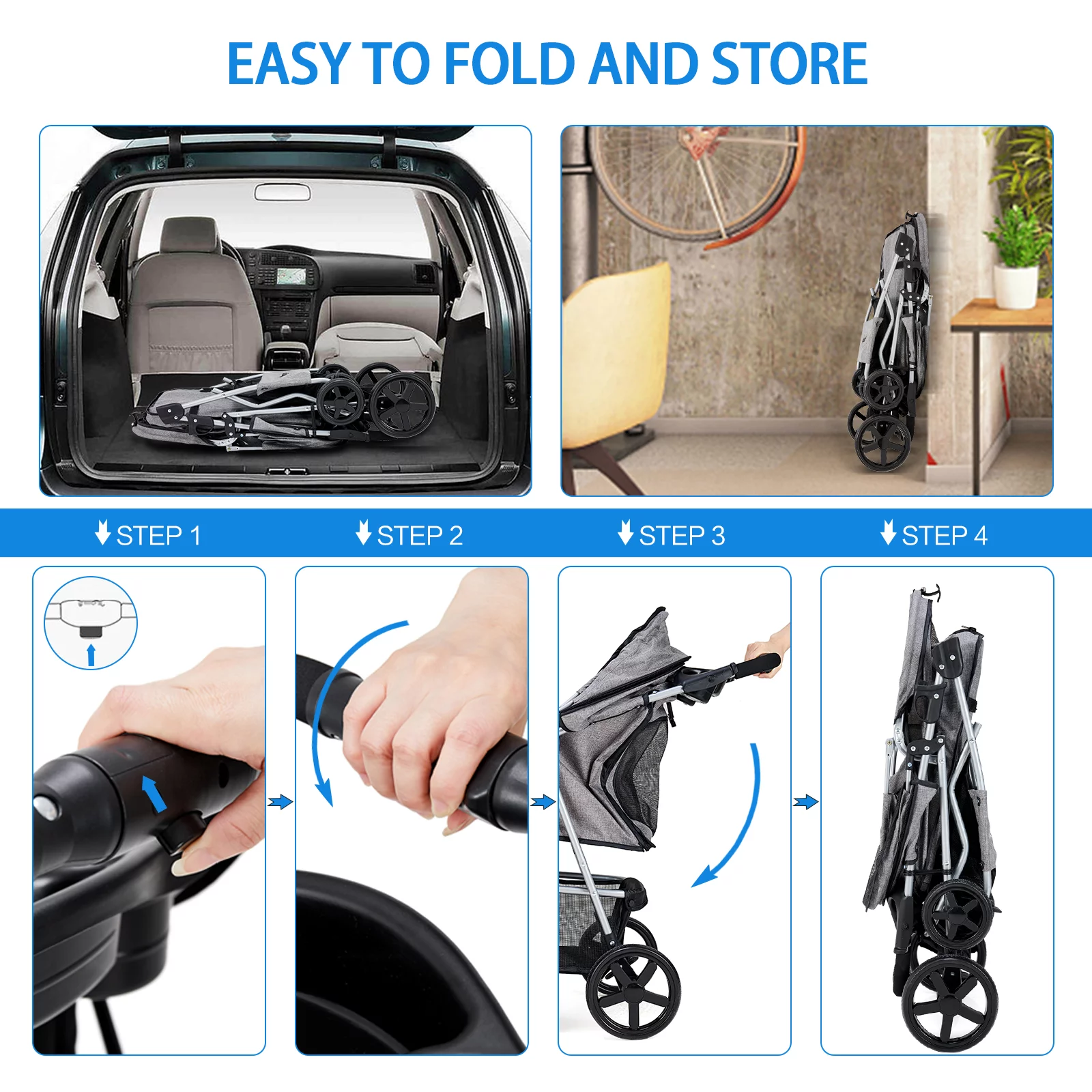 Pet Stroller 4 Wheel with Storage Basket and Cup Holder Foldable Lightweight Trolley for Small Medium Cats & Dogs-Gray - Curated Treasures Market