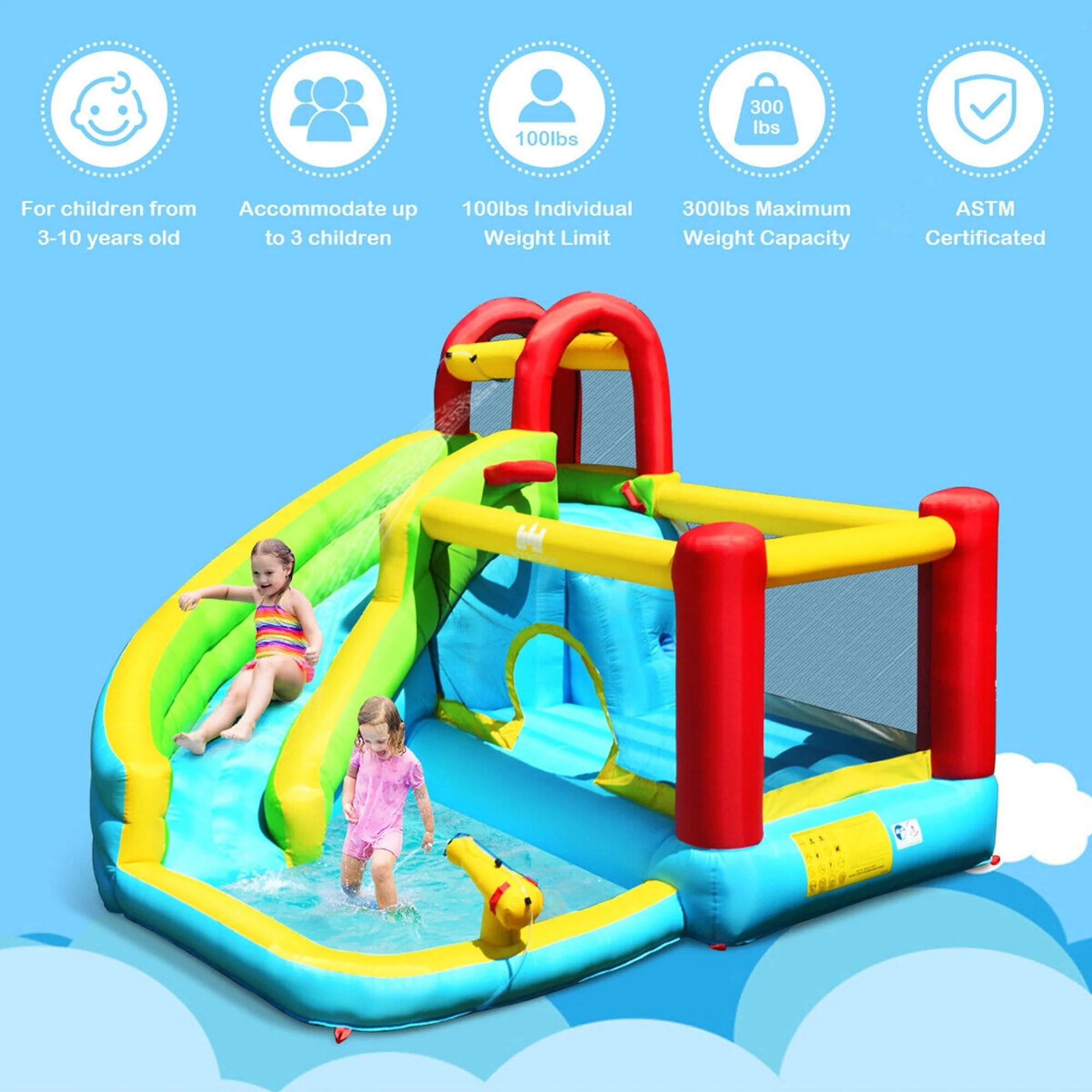 Inflatable Kids Water Slide Jumper Bounce House Splash Water Pool - Colorful Withou Blower