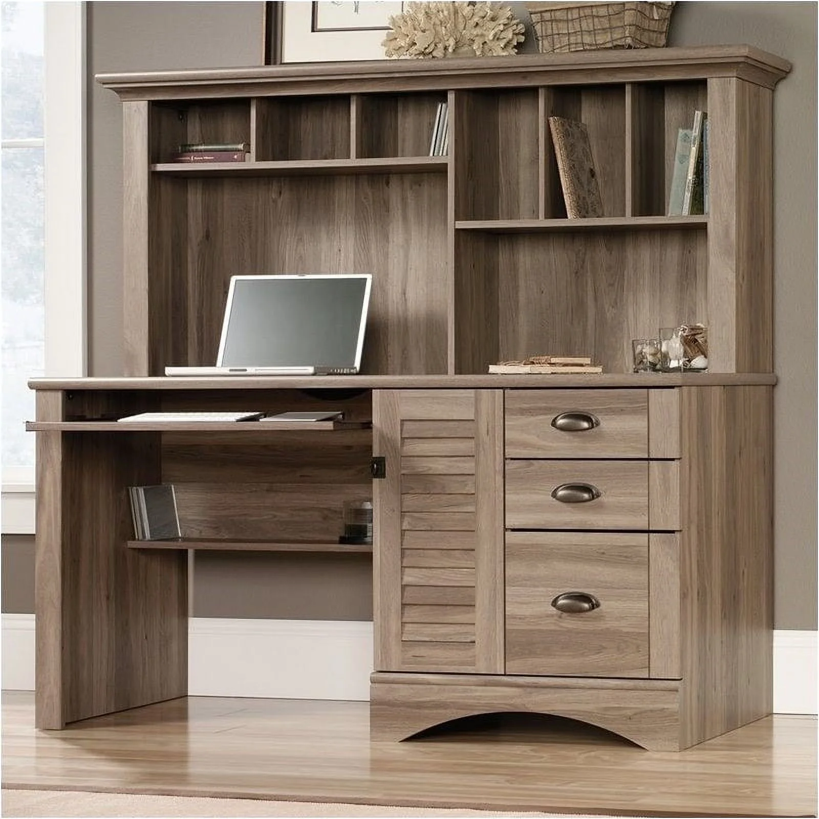 Bowery Hill Traditional Home Office Wood Desk with Hutch in Salt Oak