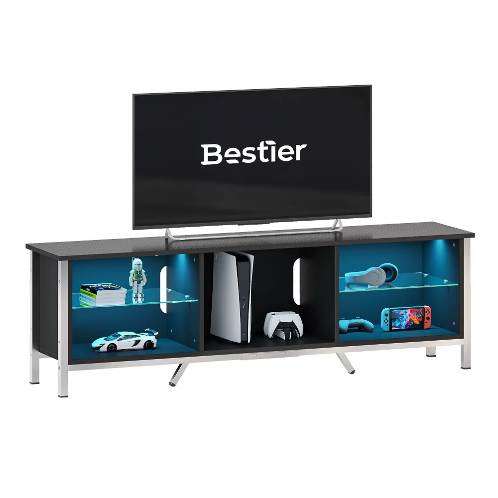 Bestier 70 TV Stand for TVs up to 80 with LED Lights Modern Gaming Entertainment Center, Black