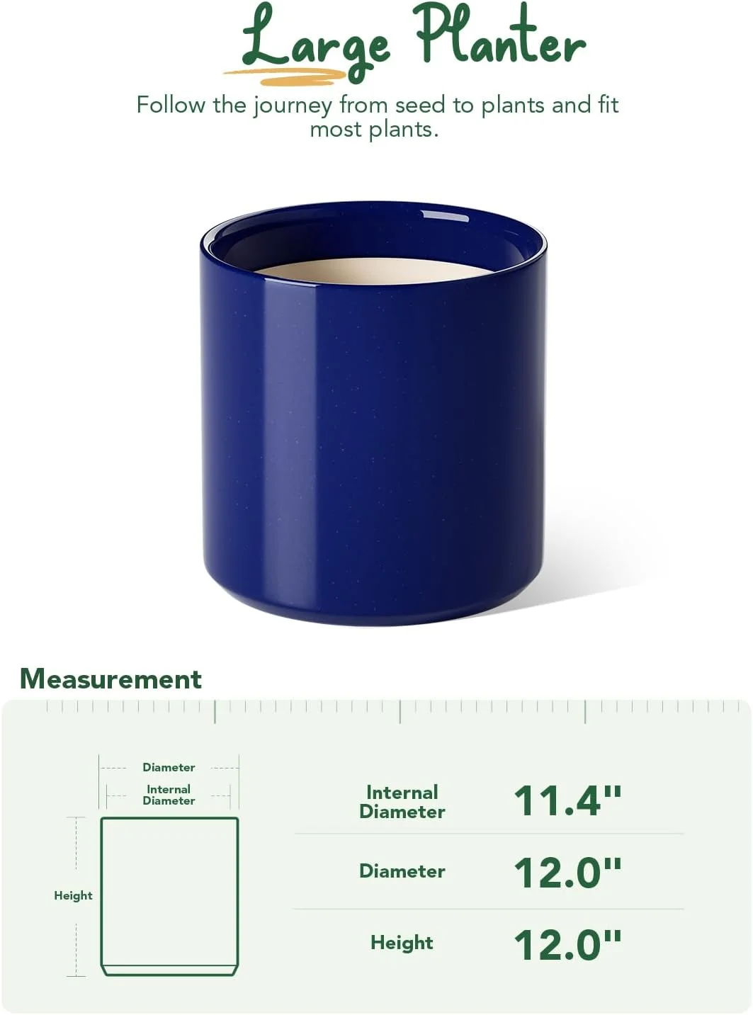 BEMAY 12 Inch Ceramic Large Plant Pot, Mid-Century Modern, with Drainage Hole and Removable Plug, Sapphire Blue - Curated Treasures Market