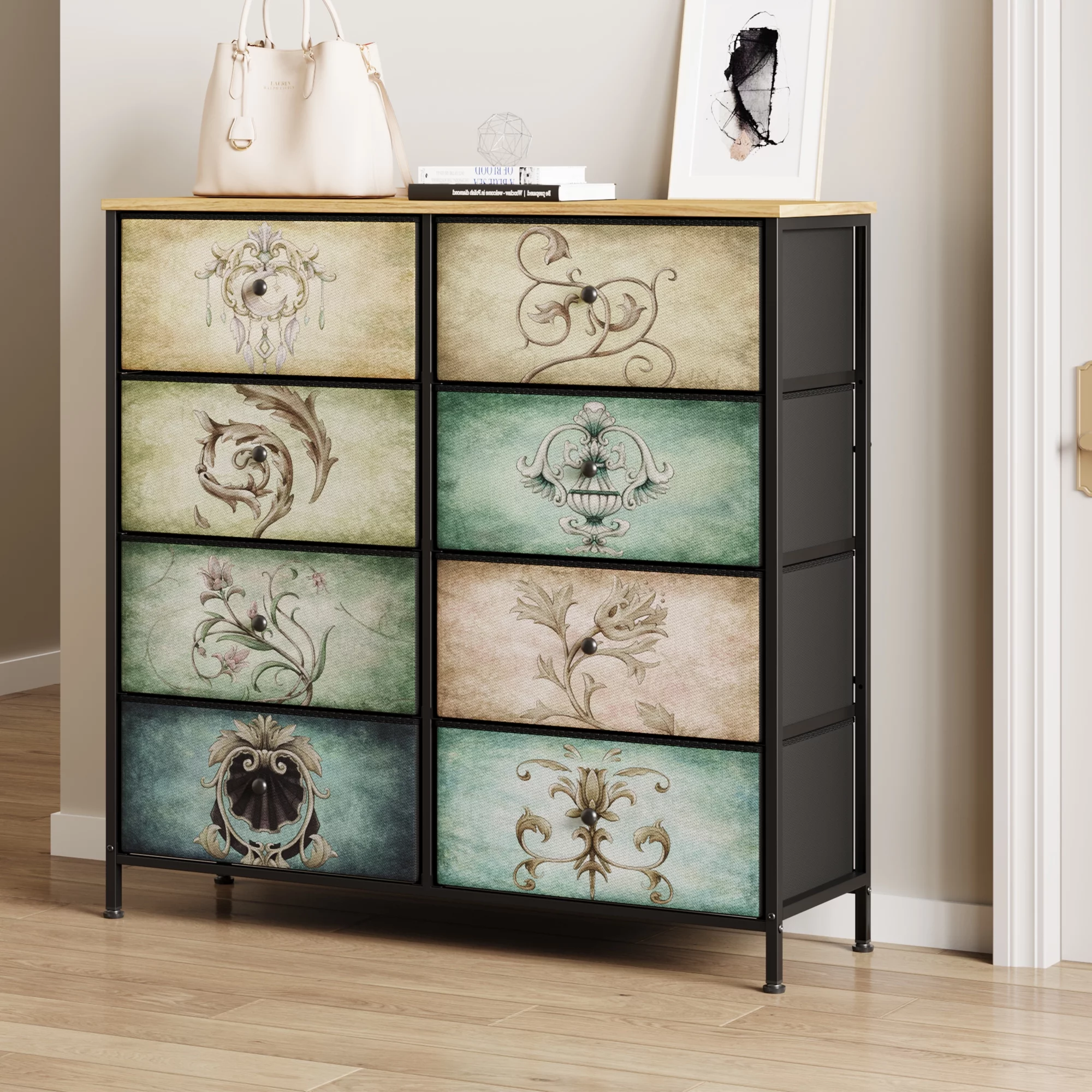 Luxmo 9 Drawer Dresser for Bedroom, Chest of Drawers Closets Storage for Living Room, Fabric Drawers with Steel Frame Wooden Top