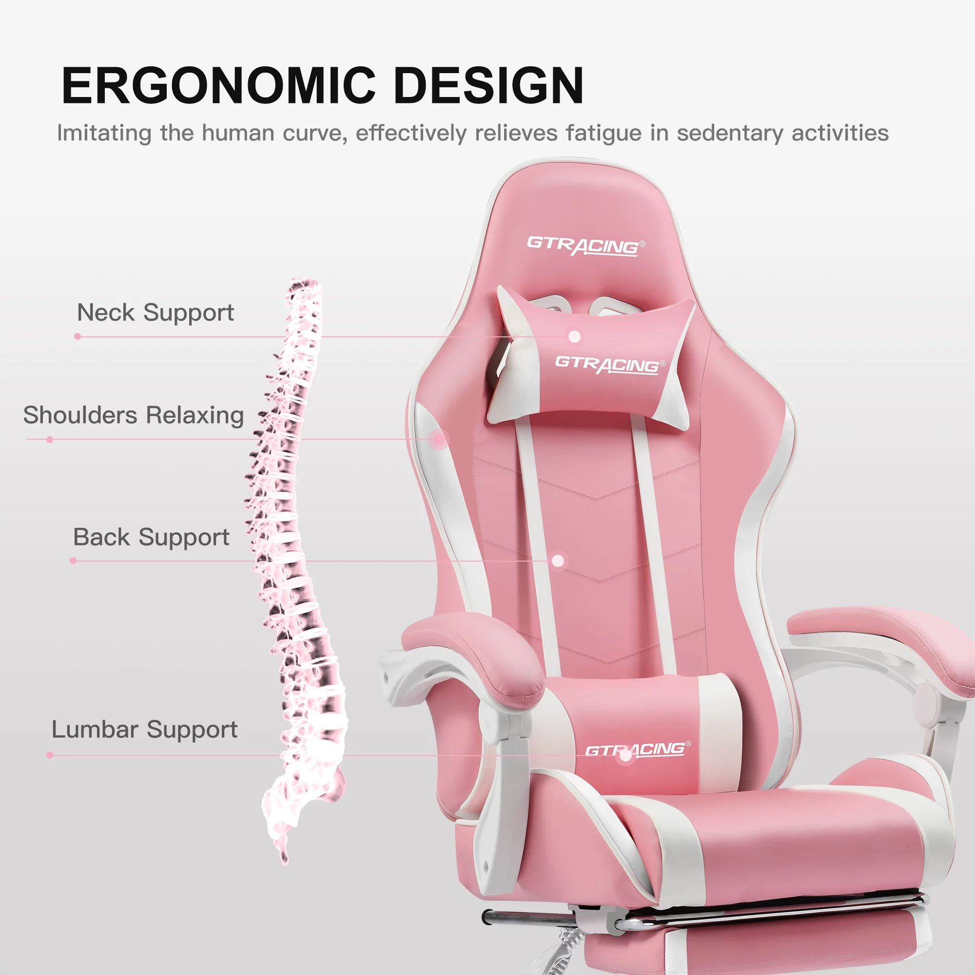 GTRACING Adjustable Height Reclining Office Gaming Chair with Footrest, Pink - Curated Treasures Market