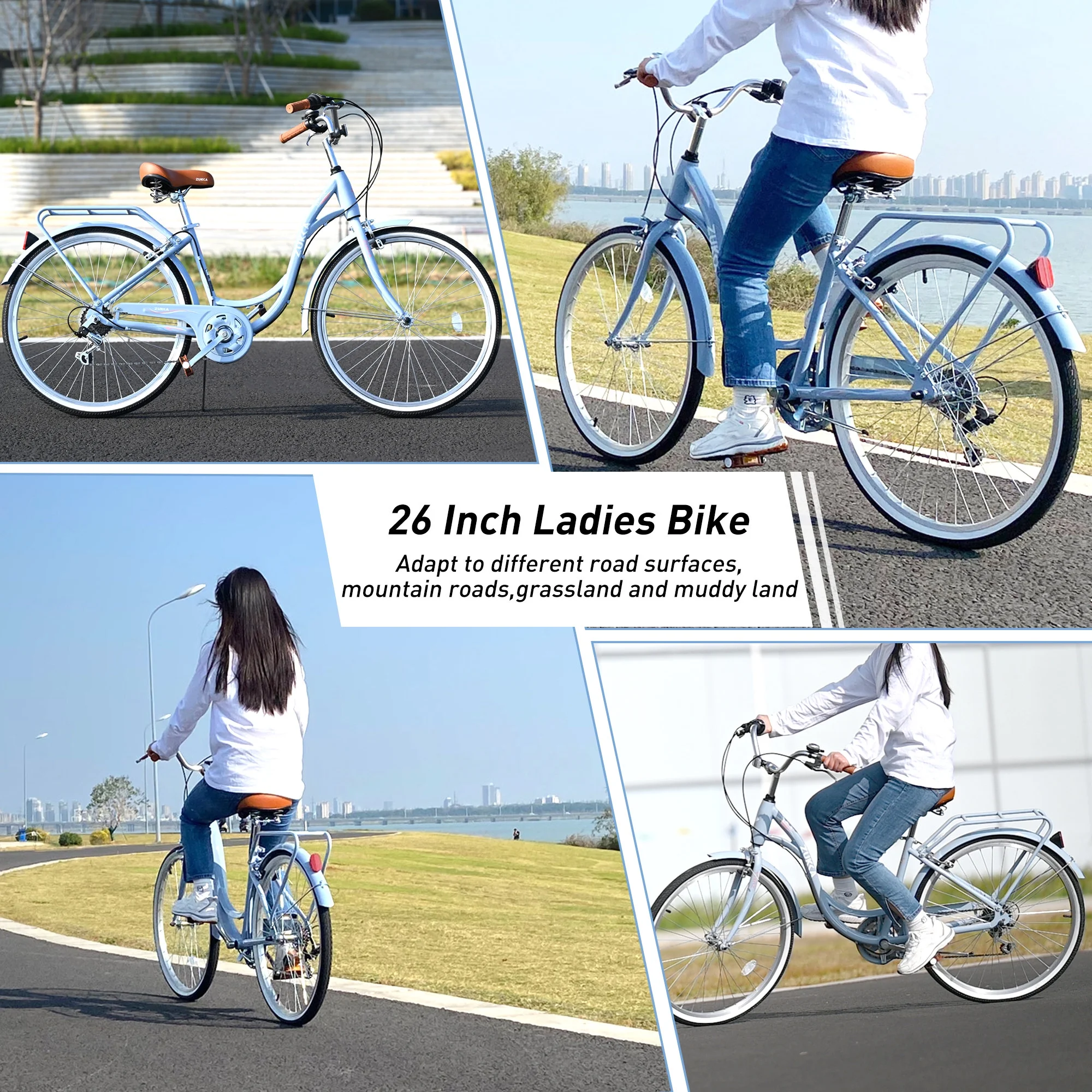 26 Inch Women's Beach Cruiser Bike with Rear Rack 7 Speeds Commuter Bike High-Carbon Steel Frame, Ladies Bicycle Blue - Curated Treasures Market