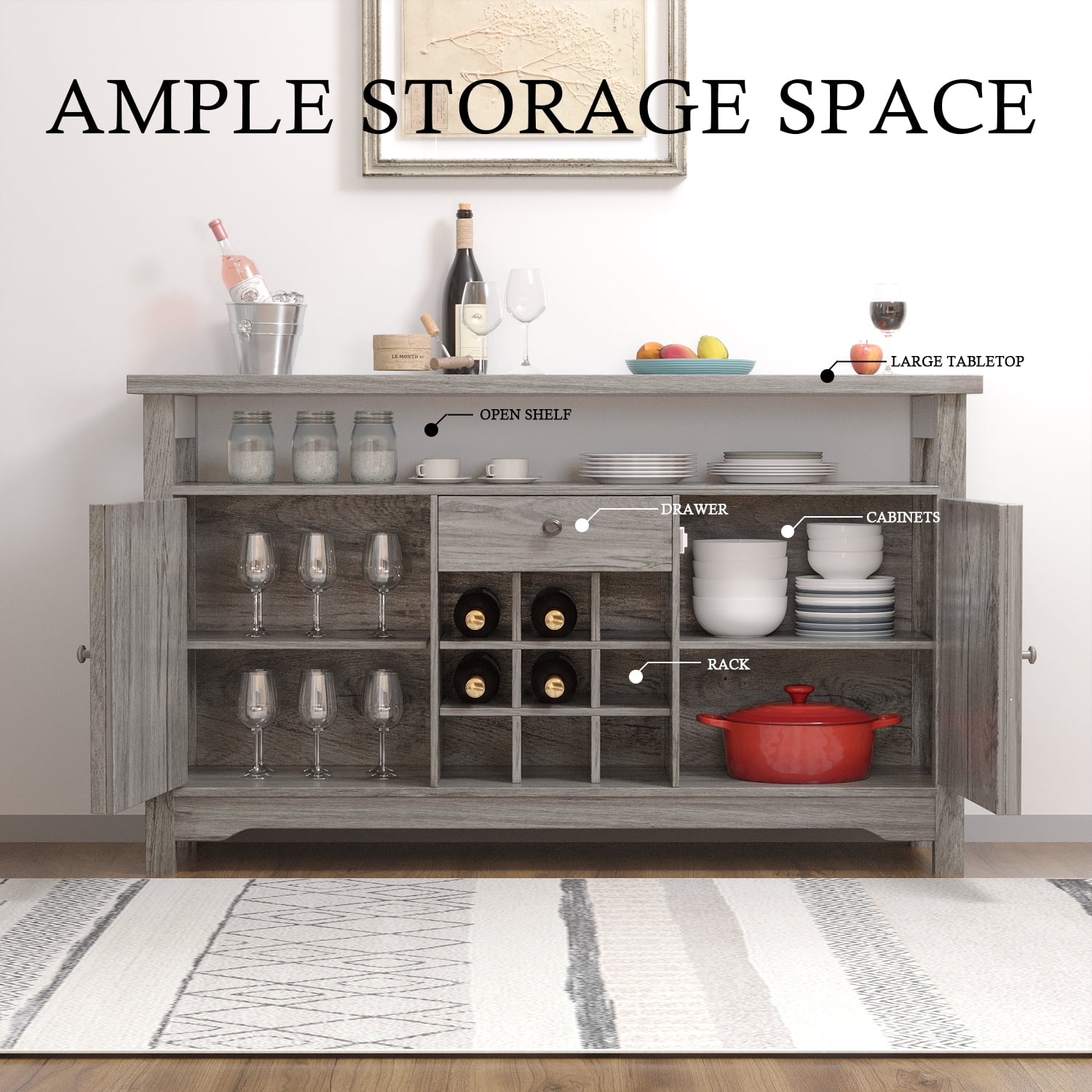 Catrimown Farmhouse Coffee Bar Cabinet, 47 Kitchen Buffet Storage Cabinet with Barn Door, Liquor Cabinet with Wine Rack, White