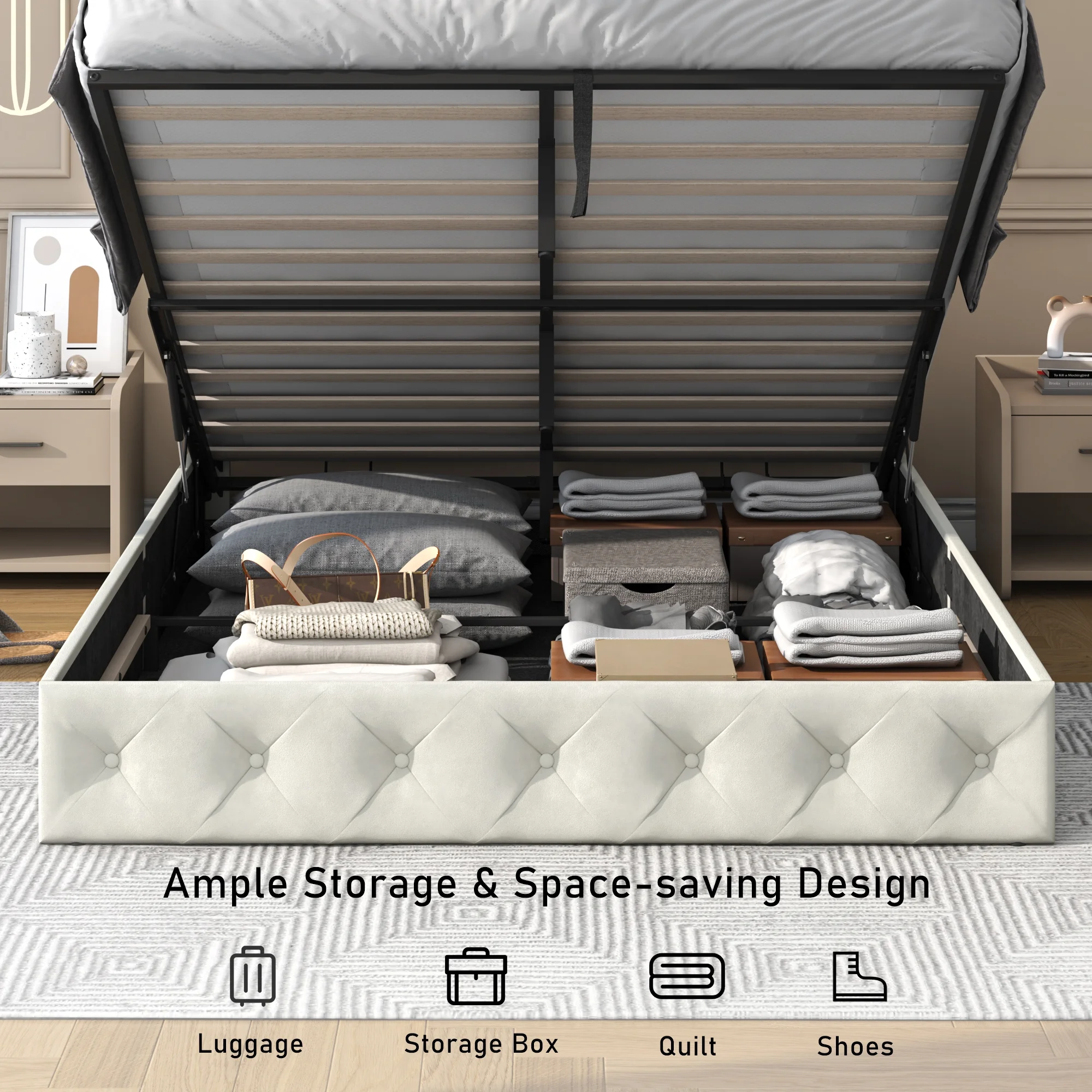 ChVans Queen Size Lift Up Storage Bed Frame, LED Upholstered Platform Bed with Power Charging Station, Velvet Button Tufted Headboard(Beige-Queen)