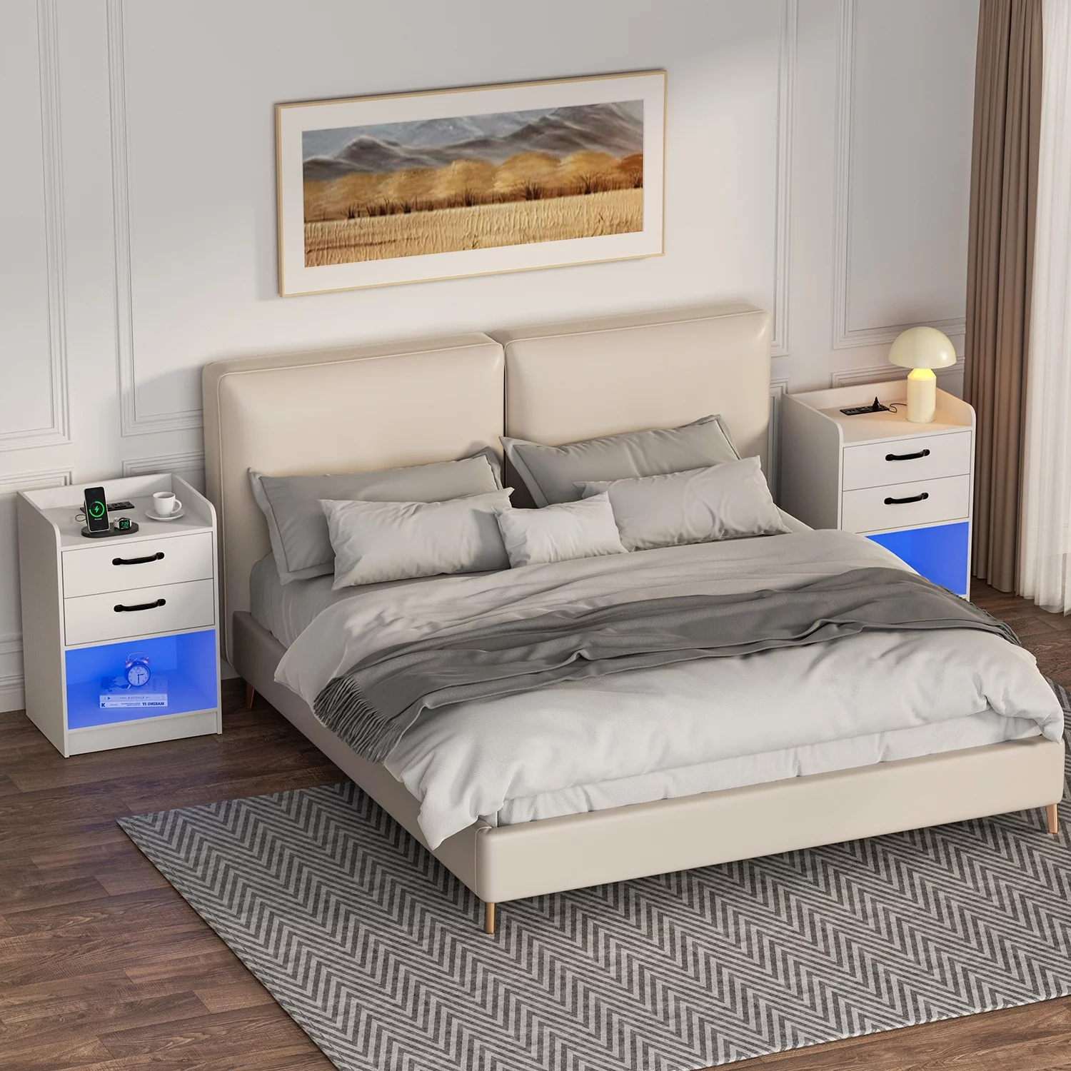 Nightstand with Charging Station and LED Lights, Side Table with Storage Set of 2, 2 Drawers Bedroom End Table, USB Ports, Beside Table for Bedroom Living Room, White - Curated Treasures Market