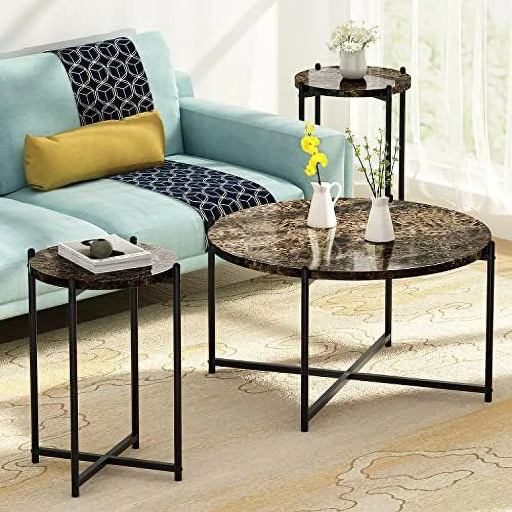 NLTBONNIE Coffee Table Set  Faux Marble Living Room Table Set of 3 Modern Center Table with Metal Legs  Coffee Table of 3 Include 2-Tier Coffee Table & 2 End Tables for Living Room - Curated Treasures Market
