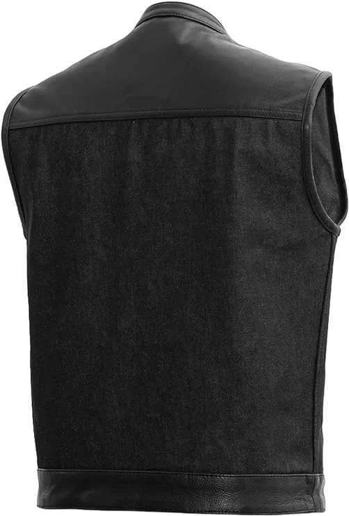 First Mfg Co - 49/51 - Men's Motorcycle Biker Riding Black Denim, Leather Vest - 2X Large - Curated Treasures Market