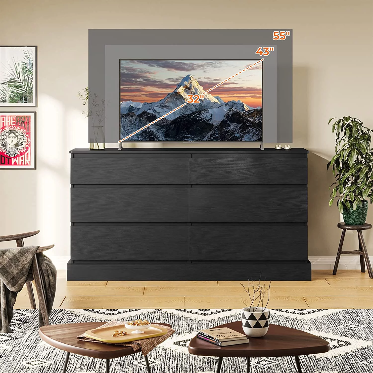 6 Drawer Double Dresser, Large Storage Cabinet for Bedroom, Hallway, Entryway, Black - Curated Treasures Market