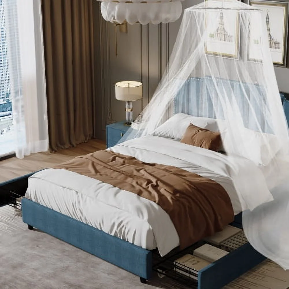YLtoohoom Queen Size Upholstered Platform Bed Linen Bed Frame with 2 Drawers Stitched Padded Headboard with Rivets Design Strong Bed Slats System No Box Spring Needed Blue - Curated Treasures Market