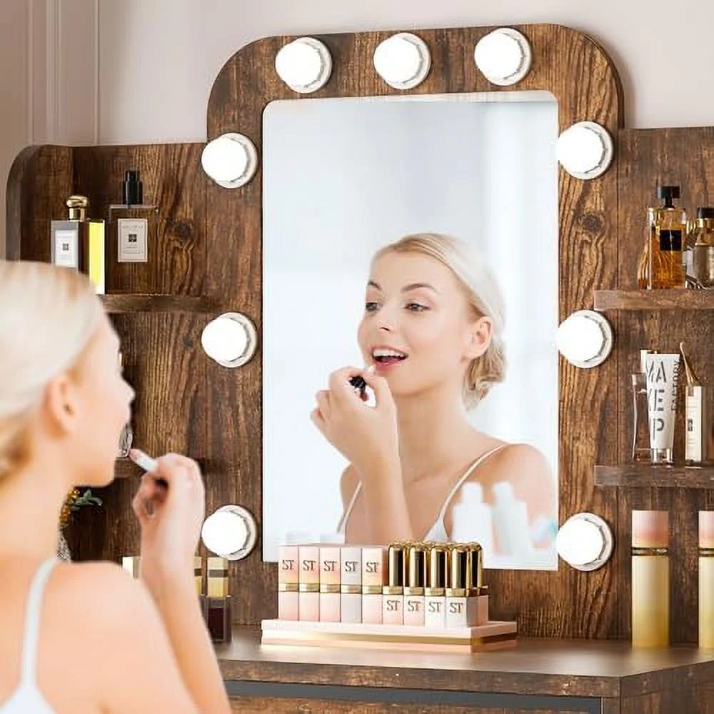 TQJKLFDY Vanity Set   Vanity Desk with LED Lights and Mirror Rustic Elegant Dressing Table with 2 Drawers & Open  Shelves for Women Girls  Vintage  Desk for Bedroom  Brown\u2026 - Curated Treasures Market