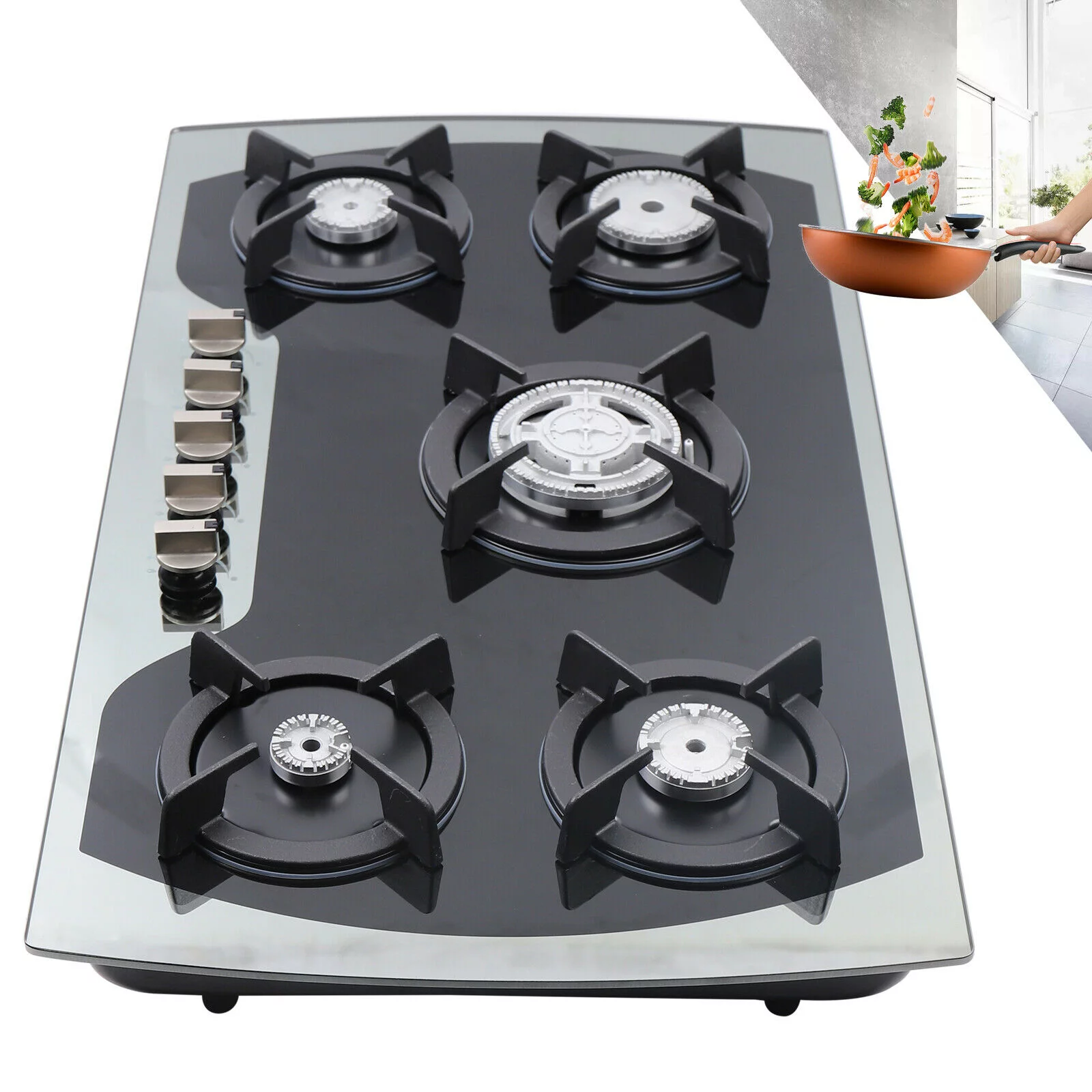 Fichiouy 35.4 Lpg/Ng Gas Cooker 5 Burners Built-In Stove Top Tempered Glass Gas Cooktop Home Kitchen