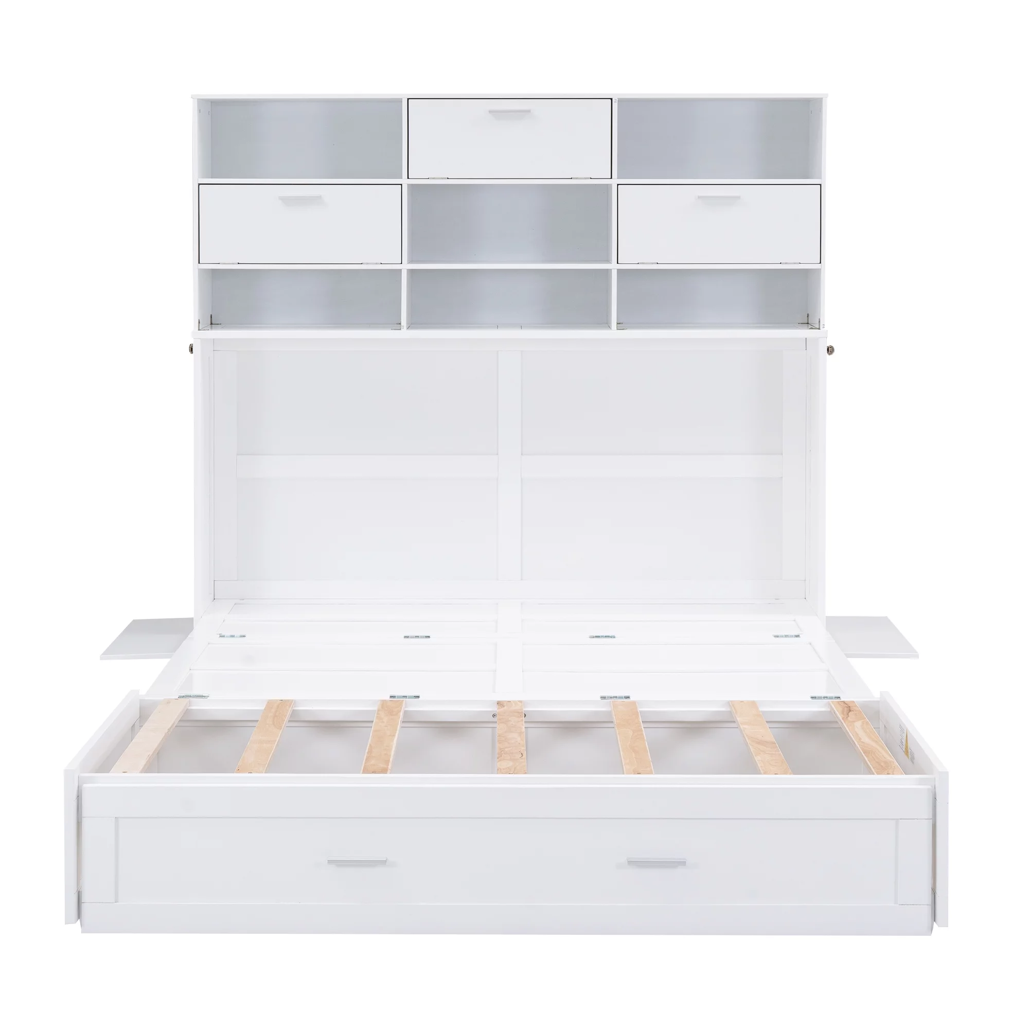 Nestfair White Queen Size Murphy Bed with Bookcase. Shelves and Drawer