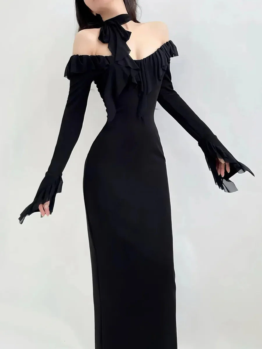 'Midnight Poem' Goth Elegant Ruffle Sheath Midi Dress