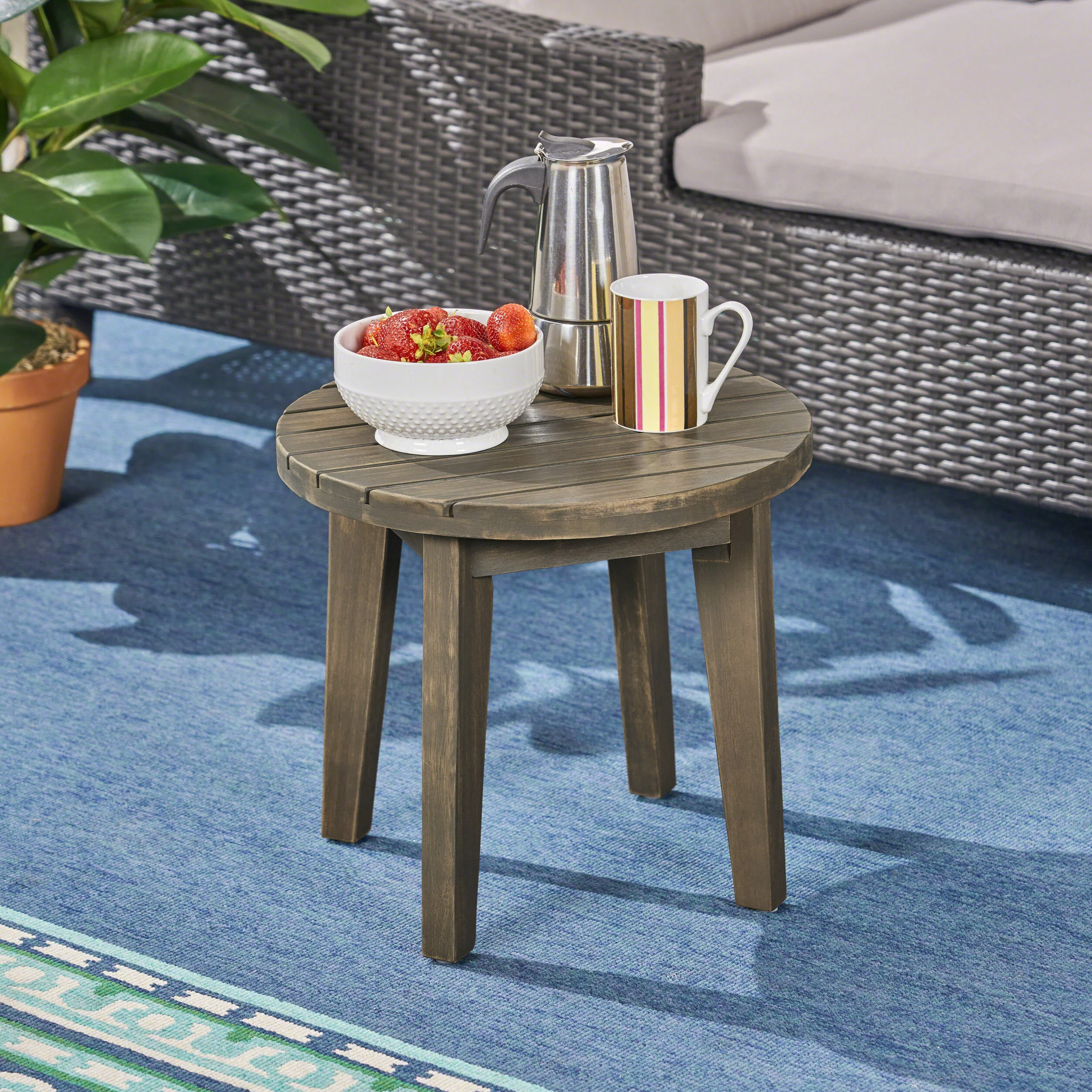 GDF Studio Parker Outdoor Acacia Wood Slat Top Circular Side Table, Gray - Curated Treasures Market