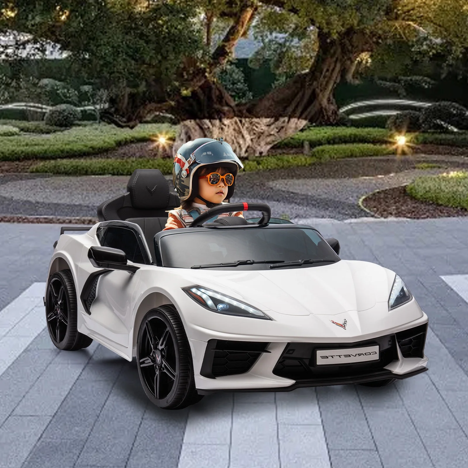 XJD Licensed Chevrolet Corvette C8 12V Kids Electric Ride on Car Toy, Battery Powered Car Truck with Remote Control, Bluetooth, 3 Speeds, LED Headlight, Music Player & Spring Suspension, White - Curated Treasures Market