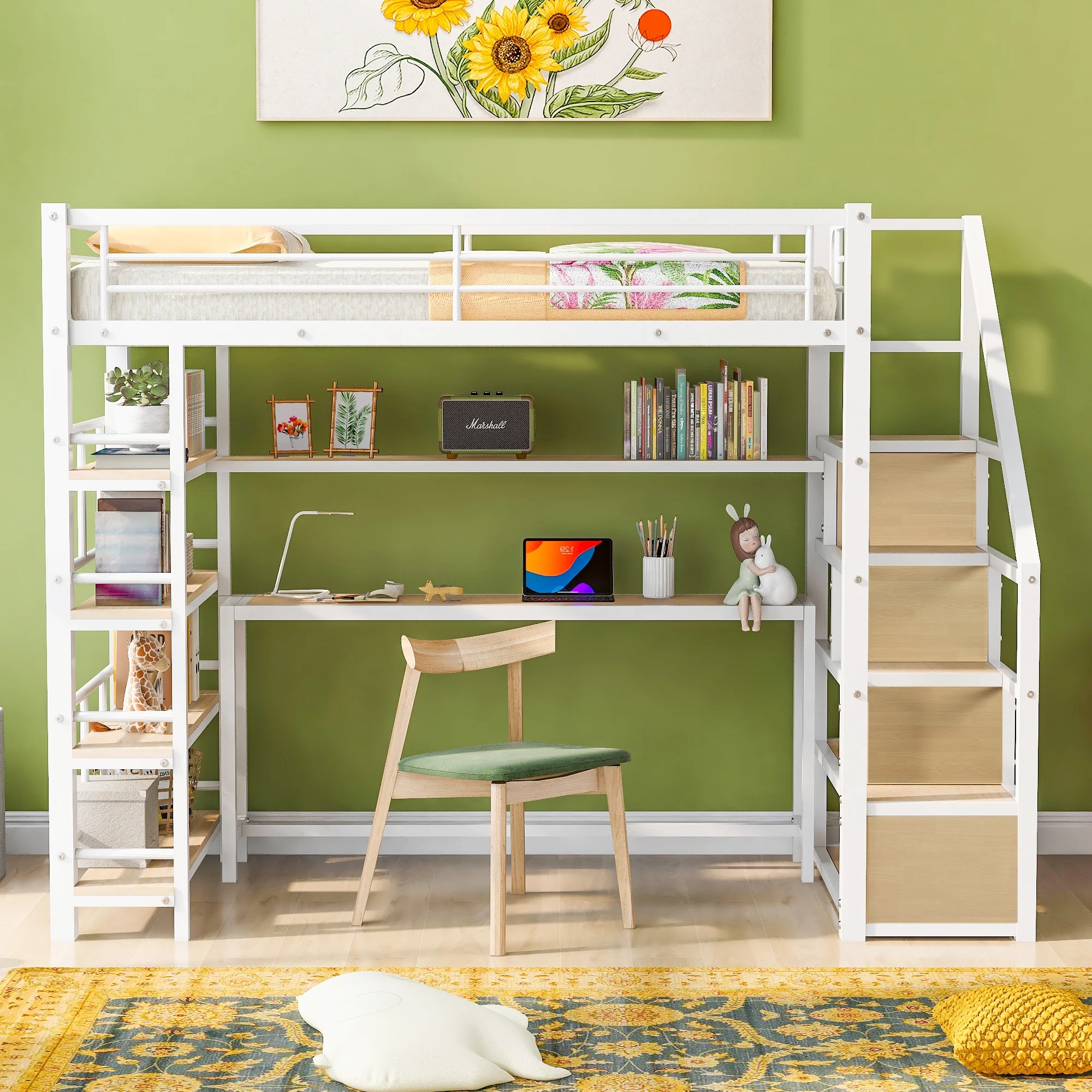 Bellemave Twin Size Metal Loft bed with Stairs and Desk, Heavy-Duty Steel Loft Bed Frame Built-in Storage Shelves, Loft Bed Twin for Kids Teens Adults,White - Curated Treasures Market