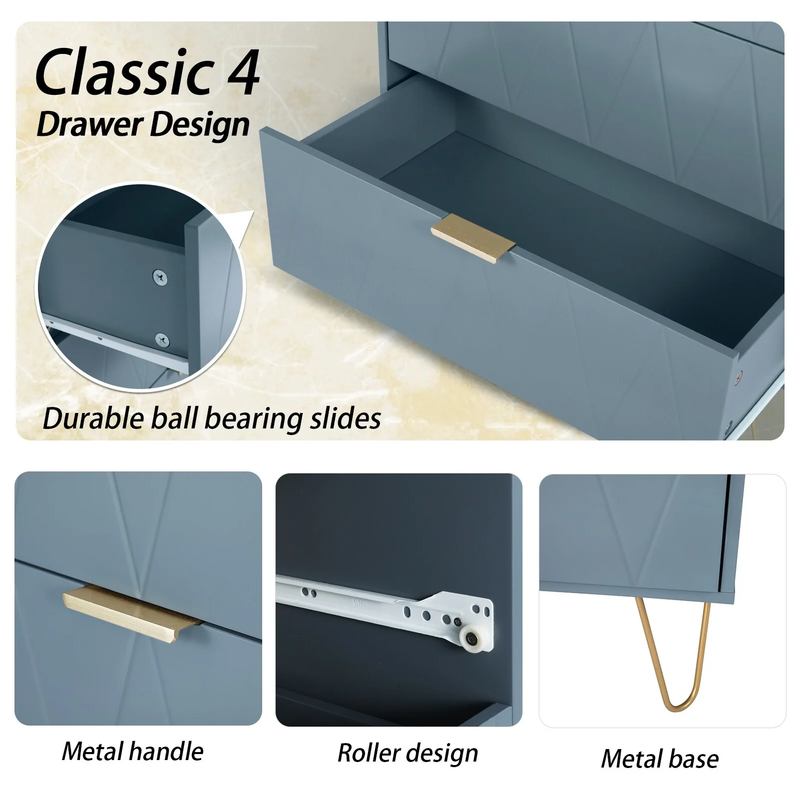 4 Drawers Chest Of Dresser Tall Storage Tower Cabinet with Metal Legs For Bedroom Living Room Bluish Gray - Curated Treasures Market