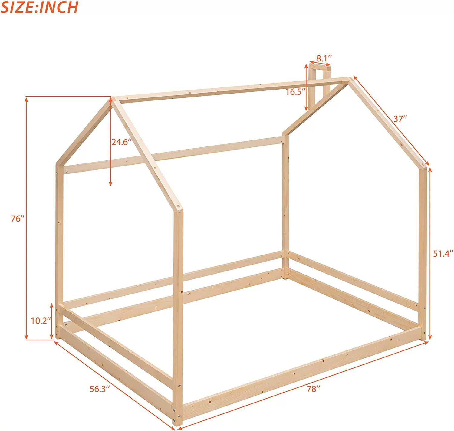 House Bed For Kids. Wood Full Size Wood With Wood Roof. Cabin Bed. Floor Bed For Kids. Teens (Natural. Full Size)